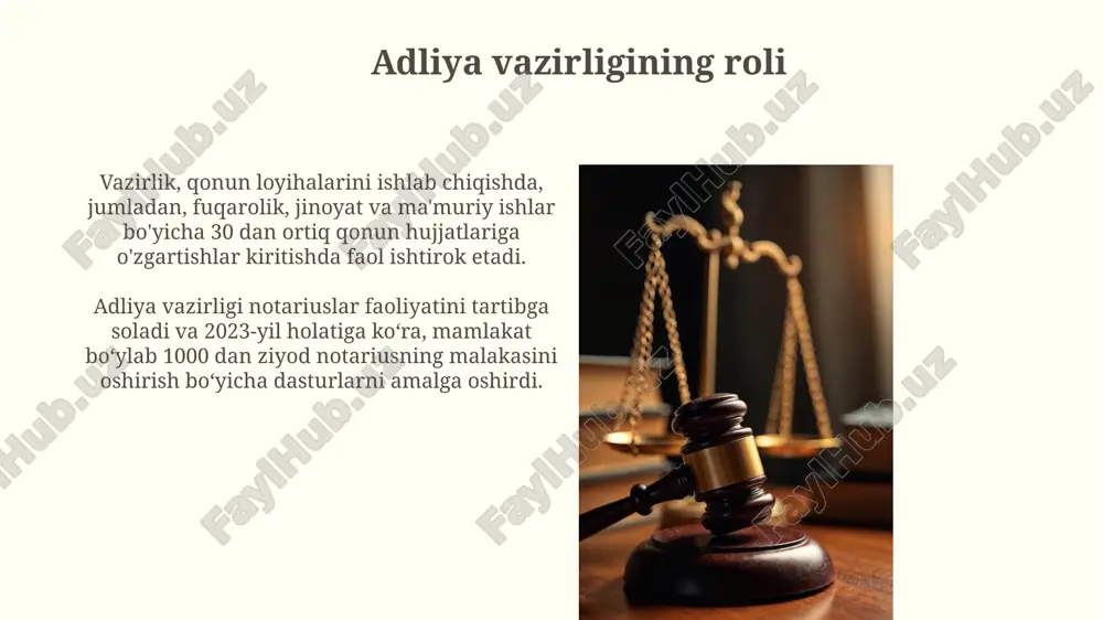 i tahlil qilish uchun keng imkoniyatlar yaratadi. elektron arxivlashtirish tizimining joriy etilishi natijasida sud hujjatlariga kirish va ular bilan ishlash muddati 2 baravarga qisqardi, bu esa sud ishlarini tezlashtirishga yordam beradi. sud ekspertizasining ahamiyati sud ekspertizasi jinoyat ishlarining 70% gacha bo‘lgan qismida dalillarni aniqlash va ishonchlilik darajasini oshirishda muhim rol o‘ynaydi, bu esa adolatli hukm chiqarishga yordam beradi. sud ekspertizasining turli sohalari, jumladan, tibbiyot, moliya va texnologiya sohalarida mutaxassislarning ishtiroki, aniq va ishonchli natijalar olishni ta'minlaydi va xatolik ehtimolini 10% dan pastga tushiradi. e'tiboringiz uchun rahmat @taqdimot_robot image2.jpg image3.jpg image4.jpg image5.jpg image6.jpg image7.jpg image8.jpg image9.jpg image10.jpg image11.jpg image12.jpg image13.jpg image14.jpg image15.jpg image16.jpg image17.jpg image18.jpg
