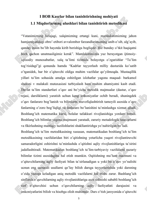a’lim metodikasining xususan, matematikadan boshlang’ich ta’lim metodikasining vazifalaridan biri o’qitishning yetarlicha yuqori rivojlantiruvchi samaradorligini oshirishni ta’minlashda o’qitishni aqliy rivojlanishlariga ta’sirini jadallashtiradi. matematikadan boshlang’ich ta’lim-tarbiyaviy vazifalarni nazariy bilimlar tizimi asosidagina hal etish mumkin. oqitishning ma’lum mazmuni va o’qituvchilarning aqliy faoliyati bilan ta’sirlanadigan u yoki bu o’quv yo’nalishi ucnun eng samarali usullarni qo’lay bilish darsga tayyorlanishda yoki darsning o’zida yuzaga keladigan aniq metodik vazifalarni hal etishi zarur. bashlang’ich sinflarda o’quvchilarning aqliy rivojlanishlariga asos solinishi sababli boshlang’ich sinf o’qituvchisi uchun o’quvchilarning aqliy faoliyatlati darajasini va imkoniyatlarini bilish va hisobga olish muhimdir. dars o’tish jaroyonida o’qituvchi kursatmalilik va kurgazmali qurollardan foydalanib yangi pedagogik texnalogiyalardan foydalanish juda muhim hisoblanadi. o’quvchilarni kasrlar bilan tanishtirish dasturga binoan 4-sinfdan boshlanadi. kasrlarni hosil bo’lishi, ularni taqqoslash, sonni ulushini topish va berilgan ulushiga ko’ra sonning o’zini toppish bilan tanishadilar. 4-sinfda 1 ning ulushi va bir necha ulushi, uning yozma ko’rinishi tasavurlariga ega bo’ladilar. kasr tushunchasi geometriyada kesma ulushi, middorlarning ulushi …