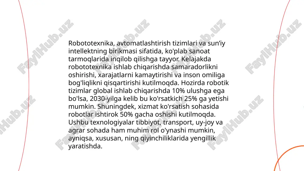 i. jumladan, 2025 yilga kelib, global miqyosda 1.7 milliarddan ortiq 5g ulanishlar kutilmoqda, va bu esa iqtisodiyotda sezilarli o'sish imkoniyatlarini keltirib chiqaradi. ... t.me/slaydai_bot virtual va qo'shimcha haqiqat (vr/ar) texnologiyalari so'nggi yillarda jadal rivojlanmoqda. 2022-yilda global vr/ar bozori hajmi $30,7 milliardga yetdi va 2026-yilga borib $296,9 milliardga o'sishi kutilmoqda. vr texnologiyalari foydalanuvchilarga sun'iy muhitni ko'rish va unda harakat qilish imkonini beradi. ar texnologiyalari esa haqiqiy dunyoga raqamli axborotni qo'shadi. o'quv dasturlarida ar 45% o'quv vaqtini qisqartiradi. 2021-yilda ta’limda ar-dan foydalanish 50% o'sdi. tibbiyotda vr jarrohlik simulyatsiyasida 30% aniqroq operatsiyalarni qo'llashga yordam beradi. vr va ar o'yinlar sohasi 2023-yilda $11,6 milliard qiymatga yetdi. ... t.me/slaydai_bot 10. biomexanika va wearable texnologiyalar biomexanika va wearable texnologiyalar sohasida inson harakatini o'rganish va sog'liqni saqlash uchun ilg'or yechimlar taklif qilinadi. biomexanika orqali tana qismidagi stress va kuchlanishlarni aniqroq o'lchash imkoniyatlari yaratiladi. wearable texnologiyalar, masalan, fitnes trekerlar va aqlli soatlar, real vaqtda yurak urish tezligi, qadamlar …