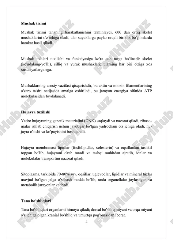 , mikroskopik va makroskopik darajada o'rganuvchi biologiya sohasi. anatomiyani bilish tibbiyotda muhim, chunki u kasalliklarni tashxislash va davolashga yordam beradi, 206 ta suyakning joylashuvi va vazifasini tushunish kabi fundamental bilimlarni taqdim etadi. suyak tizimi suyak iligi qizil va sariq bo'lishi mumkin; qizil ilik qon hujayralarini ishlab chiqaradi, sariq ilik esa asosan yog'dan tashkil topgan. suyaklar tarkibida kaltsiy fosfat kabi minerallar mavjud bo'lib, ular suyakning qattiqligini ta'minlaydi, lekin suyakda 25% suv ham mavjud. suyak tizimi, odamning tayanch-harakat apparatining asosiy qismi bo'lib, 206 ta suyakdan iborat va tana shaklini saqlashga yordam beradi. qon-tomir tizimi kapillyarlar arteriyalar va tomirlar o'rtasida bog'lovchi bo'lib xizmat qiladi, ozuqa moddalarini va kislorodni to'qimalarga, chiqindi mahsulotlarini esa qondan o'tkazish uchun joydir. qon-tomir tizimi 3 ta asosiy komponentdan iborat: yurak, 5 litrgacha qonni nasoslaydi, qon tomirlari (arteriyalar, tomirlar, kapillyarlar) va o'zining suyuq qismi qon hisoblanadi. arteriyalar kislorodga boy qonni yurakdan tananing boshqa qismlariga olib boradi, tomirlar esa karbonat angidridga …