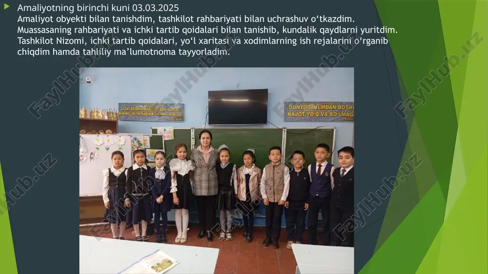 chidamli bo‘lish" mavzusida trening mashg‘ulotlarini o‘tkazdim. treningda xodimlarga stressni boshqarish va unga qarshi chidamlilikni oshirish bo‘yicha turli usullar o‘rgatildi. mashg‘ulotlar davomida stressni aniqlash, uning salbiy ta'sirlarini kamaytirish va stressga chidamli bo‘lish uchun nafas olish mashqlari, vizualizatsiya, vaqtni samarali boshqarish kabi psixologik texnikalar ishlatildi. shuningdek, o‘qituvchilarga stressni kamaytirish uchun ijobiy fikrlash va o‘z-o‘zini rag‘batlantirish ko‘nikmalarini rivojlantirishga yo‘naltirilgan amaliy mashqlar o‘tkazildi. natijada, xodimlar o‘z stress darajalarini boshqarish va kundalik ishda chidamlilikni oshirishda qo‘llash uchun foydali ko‘nikmalarni o‘zlashtirishdi. amaliyotning o’n birinchi kuni 15.03.2025 biriktirilgan sinf (guruh)larning darslarini kuzatish davomida o‘quvchilarning o‘qishga qiziqishini, faolligini va o‘zlashtirish darajasini tahlil qildim. darsda o‘quvchilarning savollarga javob berish, o‘rgangan mavzuni tushunish darajasini kuzatdim. o‘qituvchining metodik yondashuvi, darsni tashkil etish usullari va o‘quvchilarga individual yondashuvlarini baholadim. kuzatuvlar asosida o‘quvchilarning diqqatini jalb qilish va ularning faol ishtirokini oshirish bo‘yicha takliflar berdim. shuningdek, darslar samaradorligini oshirish uchun interfaol metodlar va o‘quvchilarni mustahkamlashga yo‘naltirilgan amaliy mashqlarni qo‘llashni tavsiya qildim. amaliyotning o’n ikkinchi …