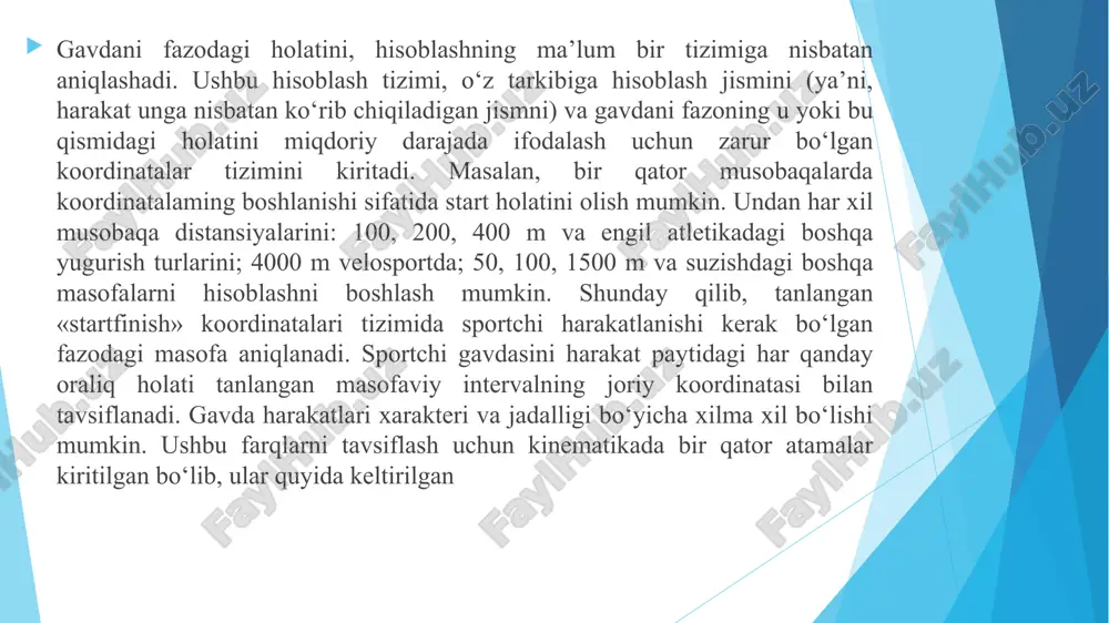 sini oldingi va orqa qismlarga ajratadi. gorizontal yassilik birinchi ikkitasiga perpendikulyar bo‘lib, odam gavdasini yuqorigi va pastki qismlarga ajratadi. ushbu yassiliklar kesishgan holatda uchta o‘zaro perpendikulyar o‘qlarni: oldingi-orqa, bo ‘ylama va ко ‘ndalang o ‘qlarni hosil qiladi, ular, o‘ziga xos koordinatalar tizimini tashkil qiladi va odatda, gavda zvenolarining, ichki a’zolarning va hokazolarning joylashishi ularga nisbatan ko‘rib chiqiladi. lekin, asosiy turish holati o‘zgarganda, ushbu o‘qlar va yassiliklarni aniqlash qiyin bo‘ladi. haqiqatdan ham gavdaning burilishi paytida oldingi-orqa o‘q qaysi tomonga yo‘nalgan bo‘ladi yoki odam oldinga egilganida frontal yassilik qanday o‘tadi? odam gavdasi harakatining ko‘p zvenoli tizimini ifodalash paytida quyidagi yondashuv qo‘llaniladi. tanlangan koordinatalar tizimiga nisbatan quyidagilar aniqlanadi: 1. odam gavdasining ayrim xarakterli nuqtasini holati (masalan, mum yoki tayanch nuqtasini aniqlash); 2. pozani zvenolar bo‘g‘im burchaklarining qiymatlari va har bir zvenoni fazoda joylashishi bo‘yicha о‘zaro joylashishi sifatida aniqlash; 3. gavda orientatsiyasini hisoblash tizimiga nisbatan aniqlash (masalan, mum orqali o'tadigan gorizontalga nisbatan har xil …