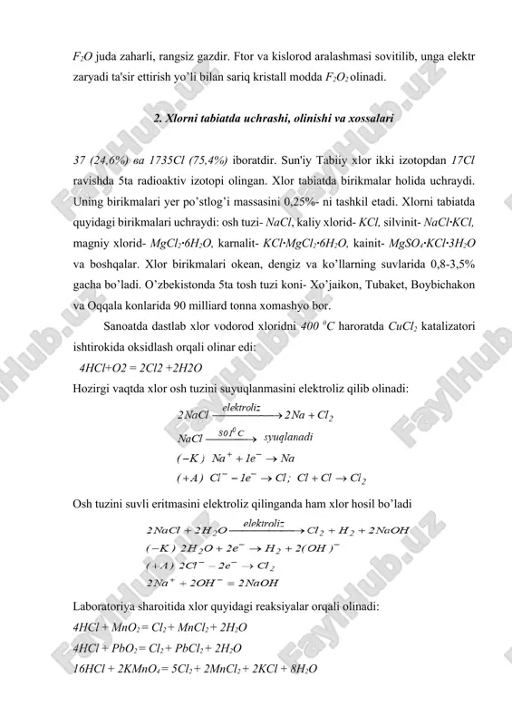 + 2hj = 2hcl + j 2 cl2 + 2kj = 2kcl + j 2 xlor suv bilan reaksiyaga kirishib, xlorid va gipoxlorit kislotalarni hosil qiladi: cl2 + h2o ↔ hcl+ hclo-25kdж 3. xlorning vodorodli va kislorodli birikmalari vodorod xlorid laboratoriya sharoitida osh tuziga konsentrlangan h2so4 ta'sir ettirib olinadi: nacl + h2so4 = hcl + nahso4 nahso4 + nacl = hcl + na2so4 sanoatda esa xlor va vodorod gazlarini yoqib olinadi: h2+cl2 =2hcl. vodorod xlorid o’tkir hidli rangsiz gazdir, havodan 1,3 marta og’ir, 00с da 1 hajm suvda 500 hajm vodorod xlorid erib, xlorid kislotani hosil qiladi. xlorid kislota rangsiz suyuqlik bo’lib, nam havoda tutaydi, konsentrlangan eritmasi 37% -li bo’lib, zichligi 1,19 g/ sm3ga tengdir. xlorid kislota kuchli kislota bo’lgani uchun metallar, asosli oksidlar, asoslar va ba'zi tuzlar hamda gazlar bilan reaksiyaga kirishib, xlorid kislota tuzlarini hosil qiladi. xlorid kislota tuzlari. xlorid kislota me'da shirasi tarkibida bo’lib, u ovqat hazm …