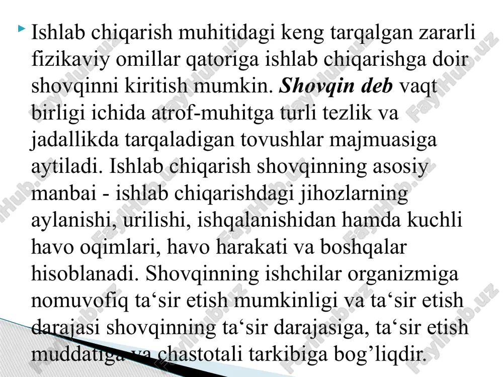amning qulog’i qabul qilmaydigan 20 000 gs yuqori bo’lgan chastotadagi egiluvchi muhitlarning mexanik tebranishidir. ultratovushlar sanoatda juda ko’p sohalarda va tibbiyotda (davolashda, tashhislikda) qo’llanadi. ultratovush biologik to’qimalarga ta‘sir etganda mexanik, termik va fiziko - kimyoviy samaralarni namoyon qiladi. ultratovush bilan uzoq muddat davomida bevosita aloqada bo’lganda ishchilarda asteno - vegetativ reaksiyalar kuzatiladi (toliqish, achchiqlanish, bosh og’rishi, uyquning buzilishi, eshitishning buzilishi), ayrim hollarda polinevrit belgilari kuzatilib, hattoki barmoq va bilaklarning parezini keltirib chiqaradi ultratovushning nomuvofiiq ta‘sirining oldini olish tadbirlariga quyidagilarni kiritish mumkin: -ultratovushni gigiyenik reglamentlash va ish joylarida uning darajasini nazorat qilish; -ultratovushlarni avtomatik holda boshqarish va o’chirish; -masofa orqali boshqarish, generatorlarni izolatsiya qilish; -foydalanilmaydigan nurlanishlarni yo’qotish; shahsiy himoya vositalaridan foydalanish (rezinali qo’lqoplar, antifonlar); -oqilona ish tartibi (har 1,5 soatda tanaffuslarni tashkil qilish); -fizioterapevtik muolajalar (massaj, iliq vannalar); -ovqatlarni vitaminlashtirish (b guruhidagi vitaminlar); -ishchilarni doimiy davriy tibbiy ko’riklardan o’tkazish. zamonaviy korxonalarda yana bir muhim omil uchrab turadi, ya‘ni qattiq jismlarning mexanik …