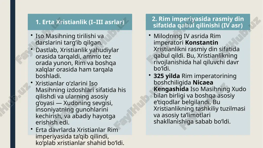 sonlar hayotini yaxshilashga qaratilgan faoliyat olib boradi. demokratik qadriyatlar: xristian dinining asoslarida inson huquqlari va demokratiyaga bo‘lgan e’tibor mavjud. bu qadriyatlar ba’zi mamlakatlarda siyosiy tizimlarning rivojlanishiga ta’sir ko‘rsatgan va inson huquqlari himoyasi bo‘yicha ko‘plab islohotlarga olib kelgan. 3. xristianlik va diniy xilma-xillik xristianlikning o‘zgarishlar va transfo: diniy interfaiz va bag‘rikenglik: xristianlikning bag‘rikenglikka bo‘lgan munosabati hozirgi kunda ko‘plab dinlar o‘rtasida o‘zaro hurmat va tinchlikni ta’minlashga qaratilgan. xristianlar boshqa dinlarga nisbatan hurmat ko‘rsatishga va interfaizni rivojlantirishga intiladilar. diniy ekstremizm va ijtimoiy muammolar: ba’zi hollarda diniy radikalizm va ekstremizm, xristianlikning ba’zi oqimlari tomonidan muammo sifatida ko‘rilgan. bunday qarama-qarshiliklar jamiyatda diniy bag‘rikenglikka va tinchlikka tahdid solishi mumkin. xristian dinining yoshlar orasida o‘rni yoshlar va din: xristianlik yoshlar orasida o‘zining ruhiy va axloqiy ta’sirini saqlab qolishga harakat qilmoqda. yangi avlodni diniy qadriyatlar bilan tanishtirish uchun zamonaviy texnologiyalar, ijtimoiy tarmoqlar va boshqa vositalar orqali targ‘ibotlar olib borilmoqda. diniy ta’lim: yoshlarni xristian ta’limiga jalb qilish va ularni …