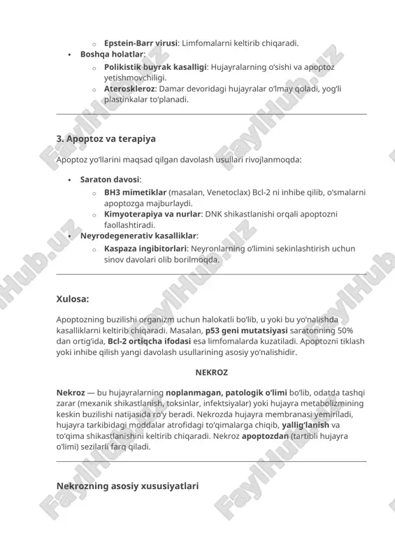 ayra membranasi yemiriladi, hujayra tarkibidagi moddalar atrofidagi toʻqimalarga chiqib, yalligʻlanish va toʻqima shikastlanishini keltirib chiqaradi. nekroz apoptozdan (tartibli hujayra oʻlimi) sezilarli farq qiladi. nekrozning asosiy xususiyatlari 1. hujayra shishishi: membrana buzilishi tufayli ionlar va suv hujayraga kirib, hujayra hajmi oshadi. 2. organellalar parchalanishi: mitoxondriya, endoplazmatik toʻr kabi organellalar buziladi. 3. yadro degradatsiyasi: · piknoz: yadro siqilishi va qorayishi. · karioerez: yadro parchalanib, dnk tasodifiy fragmentatsiyalanadi. 4. yalligʻlanish reaksiyasi: hujayra tarkibidagi moddalar chiqib ketishi neytrofillar va makrofaglarni jalb qiladi. nekrozga olib keluvchi omillar · ishkemia (qon yetishmovchiligi): masalan, miokard infarkti. · jarohatlar (fizik shikastlanish, kuyish). · kimyoviy toksinlar: ogʻir metallar (qoʻrgʻoshin), spirt, dorilarning haddan tashqari dozasi. · infeksiyalar: bakteriyalar (masalan, gangrena), viruslar, parazitlar. · immun reaksiyalar: autoimmun kasalliklar (masalan, revmatoid artrit). nekroz turlari 1. koagulyativ nekroz · sabab: ishemiya (masalan, yurak, buyrak, jigar). · xususiyat: toʻqima tuzilishi saqlanib qoladi, lekin hujayralar oʻladi. · misollar: miokard infarkti, buyrak infarkti. 2. liquefaktiv nekroz …