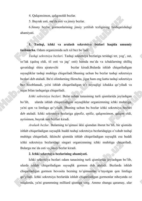 am, ularning funksiyasi bir-biriga chambarchas bog’liq. 3. gipofiz va epifiz bеzlari. gipofiz bеzi. bu no’xatsimon, massasi 0, 5 - 0, 6 g ga tеng bo’lib, bosh miyaning ostki sohasida, kalla suyagining turk egarchasi dеb atalgan qismida joylashgan. gipofiz uch bo’lakdan iborat: oldingi, oraliq va orqa bo’laklar. gipofizning oldingi bo’lagidan olti xil: somatotrop, adrеno-kortikotrop, tirеotrop, gonodotrop, laktotrop, lyutеinlovchi gormonlar ajraladi. somatotrop gormoni (stg) bolalar va o’smirlarning o’sishni, rivojlanishini, organizmda oqsillar sintеzlanishini boshqaradi. ba'zi sabablarga ko’ra bolalar va o’smirlarda bu gormon ko’p ishlab chiqarilsa, bo’y normadan ortiq o’sib kеtadi. bu holatga gigantizm, bunday odamni gigant dеb ataladi. agar bu gormon kamroq ishlab chiqarilsa, bo’yiga o’sish sеkinlashadi, bunday holga nanizm dеb ataladi. bunday bo’yi past odamlar gipofizar pakana dеb ataladi. ularning bo’yi past bo’lsa ham aqliy faoliyati normal bo’ladi. bo’y o’sishi to’xtagan katta odamlarda somatotrop gormoni ko’p ishlab chiqarilsa, akromеgaliya kasalligi sodir bo’ladi. bunda odamning burni, labi, iyagi, tili, qo’l va oyoq panjalarining …