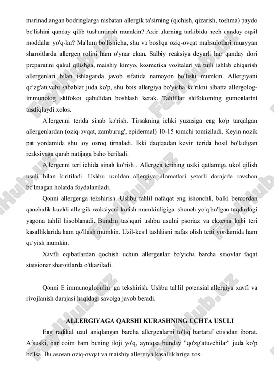 uski, har doim ham buning iloji yo'q, ayniqsa bunday "qo'zg'atuvchilar" juda ko'p bo'lsa. bu asosan oziq-ovqat va maishiy allergiya kasalliklariga xos. antigistaminli, og'ir holatlarda esa gormonal preparatlar bilan allergiya alomatlariga qarshi kurash uning sabablarini bartaraf etmaydi, bor-yo'g'i allergiyaning namoyon bo'lish shakliga qarshi kurashda yordam beradi xolos. shuning uchun preparatlarni qaysi paytda qabul qilish ma'qulligi borasida shifokor bilan maslahatlashing. uchinchi va asosy usul - bu allergenlar bilan maxsus immunoterapiyani o'tkazish. ushbu usul achchiqni achchiq kesadi shaklida o'tkaziladi, ya'ni bemor organizmiga bir yoki bir nechta allergen oshib boradigan dozalarda kiritiladi. bu bilan asta-sekin immun tizimini norozilik belgilarini namoyon etmaslikka o'rgatib boriladi. ushbu usulning kamchiligi - davolanish kursining cho'zilishidadir (3-4 yil davomida har yili bir marta). davolash ishlari bilan birga ovqat hazm bo'lish traktini sog'lomlashtirishga, og'iz va burun-halqum bo'shlig'ini sanatsiyalashga yo'naltirilgan umumiy quvvatlantiruvchi terapiya ham o'tkazilishi zarur. kasallikni o'z vaqtida aniqlash ham muhim ahamiyatga ega. bu uning xurujlarini yumshatish va hatto undan butkul …