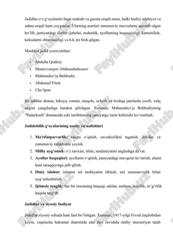 arsliklar, fanlar tizimi va o‘qitish metodikasini joriy etgan "yangi usul" maktablarini ochdilar. bu maktablarda: · matematika, geografiya, tabiiy fanlar, tarix va boshqa dunyoviy fanlar o‘qitilgan; · darslar turkcha yoki o‘zbek tilida, arab grafikasi asosida olib borilgan; · boshlang‘ich sinflarda bolalarga o‘qish, yozish, sanashni o‘rgatish bilan birga, madaniy-ma’naviy tarbiya berilgan. yangi usul maktablari dastlab xususiy tashabbus bilan ochilgan bo‘lsa-da, keyinchalik ularning soni ko‘payib, ijtimoiy-iqtisodiy rivojlanishga sezilarli hissa qo‘shdi. sovet davrida jadidlar bu maktablarni yanada kengaytirishga harakat qildilar, biroq ba'zan ular "kontrrevolyutsion ta'sir"da ayblanib, jazoga tortilganlar. nashriyot va matbuot faoliyati jadidlar o‘z g‘oyalarini xalq orasida keng yoyish uchun matbuotdan faol foydalanganlar. sovet hokimiyati o‘rnatilgandan so‘ng, ba'zi jadidlar sovet matbuotida ishlashga kirishgan. "hurriyat", "taraqqiy", "sadoyi turkiston", "ishtirokiyun", "inqilob sadosi" kabi gazeta va jurnallar orqali: · ma’rifiy maqolalar; · ijtimoiy adolat, milliy uyg‘onish, ilm-fan rivoji haqida tahliliy materiallar; · tarixiy asarlar va badiiy adabiyotlar nashr etilgan. sovet davrining dastlabki yillarida matbuot nisbatan erkin bo‘lib, …