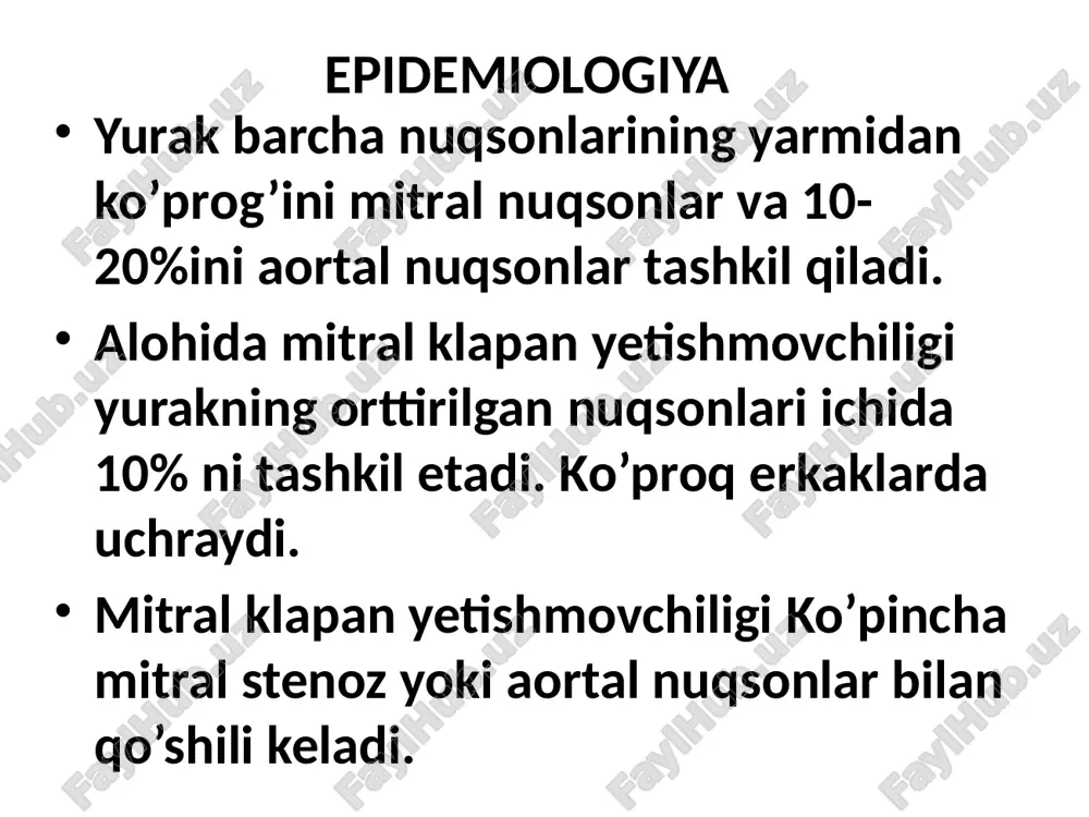 nisbiy bo`g`iqlik chegaralari yuqori va chapga siljigan, yurak beli silliqlashgan mitral klapan yetishmovchiligida cho’qqi turtkisi chapga siljigan, kuchaygan va tarqalgan mitral klapan yetishmovchiligida yurak mitral konfiguratsiyasi (mitral configuration) auskultasiya klapanlar to’liq yopilmasligi natijasida i ton cho`qqida susayadi yoki umuman yo’qoladi ii ton yaqqol o`pka gipertenziyasi bo`lmasa o`zgarmaydi, diastola vaqtida patologik iii ton eshitilishi mumkin (so’rg’ich mushaklar to’satdan tortilishi natijasida) yurak cho`qqisida sistolik shovqin bo`lib, u golosistolik, i va ii tonlarni qamrab oladi. mitral klapanninig oldingi tavaqasi zararlanganda chap qo`ltiq osti sohasigacha tarqaladi mitral klapanninig orqa tavaqasi zararlanganda to’sh suyagining chap qirrasi bo’ylab tarqaladi mitral klapan yetishmovchiligida sistolik shovqinning eshitilish va tarqalish nuqtasi diagnostika fkg ekg ko’krak qafasi rentgenografiyasi exokg ) i ton amplitudasi pasaygan, yo`qolib boruvchi tasmasimon sistolik shovqin, iii ton (strelka bilan ko`rsatilgan). mitral klapan yetishmovchiligida fonokardiogramma (yurak cho`qqisidan) mitral klapan yetishmovchiligida ekg belgilari chq gipertrofiyasi; chb gipertrofiyasi klapan strukturasi buzilishi (tavaqalar qalinlashishi, xordalar uzilishi, kalsinoz, vegetasiyalar, mitral klapan …