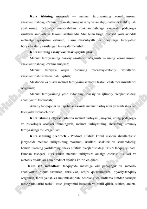 n tarbiyaviy jarayondir. mehnat tarbiyasi insonning jamiyatdagi o‘rni va uning rivojiga qo‘shgan hissasini anglashga yordam beradi. bu, faqatgina o‘quvchilarda ishga layoqatni rivojlantirish bilan cheklanmay, balki ularning axloqiy, ma’naviy va jismoniy rivojlanishiga ham ta’sir ko‘rsatadi. mehnat tarbiyasining maqsadi – insonni mehnatga o‘rgatish, unga qadrini anglatish va mehnatni o‘zining hayoti va faoliyatining muhim qismi sifatida qabul qilishga yordam berishdir. mehnat tarbiyasining mazmuni – bu o‘quvchilarda mehnatga nisbatan haqiqiy, to‘g‘ri munosabatni shakllantirish, ularni mehnat jarayoniga jalb qilish va ishlashni, o‘qish jarayonida o‘zining ijtimoiy ahamiyatini anglatishga erishishdir. bunda o‘quvchilarni faqat kasbiy faoliyatga tayyorlash emas, balki mehnatni bajarish, uning axloqiy, iqtisodiy va ijtimoiy jihatlarini tushunish ham maqsad qilib qo‘yiladi. mehnat tarbiyasi, ayniqsa, bolalar va yoshlar orasida mehnatga mas’uliyatli yondashuvni, mustaqil ishlashni, jamiyatga foydali faoliyatni o‘rgatishga yordam beradi. mehnat tarbiyasi bolalik va o‘smirlik davridan boshlab boshlanadi. ushbu jarayonni uyda oilaviy tarbiya, maktabda esa mehnat ta’limi orqali kuchaytirish zarur. oilada bolaga kichik yoshdan boshlab, uy ishlariga jalb …