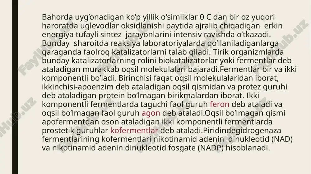 a kiritilgan va u faol ta’sir qiladi. enzimatik kataliz nazariyasi fermentlarning ma’lum kimyoviy bog’lanishlarga qaratilgan o’ziga xos ta’siri ularning asosiy xususiyatlaridan biridir. masalan, ureaza faqat karbamidni parchalaydi, lekin uning hosilalariga ta’sir qilmaydi, suksinatdegidrogenaza faqat suskin kislotasiga, invertaz saxarozaga, amilaza kraxmalga va boshqalarga ta’sir qiladi.ko’pgina fermentlar tabiatan oqsildan farq qiladigan faol guruhni o’z ichiga oladi. bu metall (temir, mis ) yoki organik moddalarning murakkab birikmasi bo’lishi mumkin.protein, substrat va faol guruhning ulanishi ko'pincha metall ionlari-kalsiy, magniy margarets,mis va boshqalar ishtirokida ta’minlanadi, ular o’zlarining elektr maydoni bilan reaksiya tarkibiy qismlarini ma’lum bir holatda ushlab turadilar va reaksiyaga ta’sir qiladigan. fermentativ kataliz nazariyasi geterogen va bir jinsli kataliz nazariyasi asoslanadi. katalizator ta’siriga suv misol bo’lishi mumkin. vodorod va xlor aralashmasi yorug’lik ta’sirida portlaydi va vodorod xloridni hosil qiladi. agar boshqa tomondan, xlor va vodorod suv bug’ining eng ahamiyatsiz qoldiqlaridan yaxshilab tozalansa, u holds reaksiya sodir bo'lmaydi. platina va palladiy kabi katalizatorlarning ta’sir qilish …