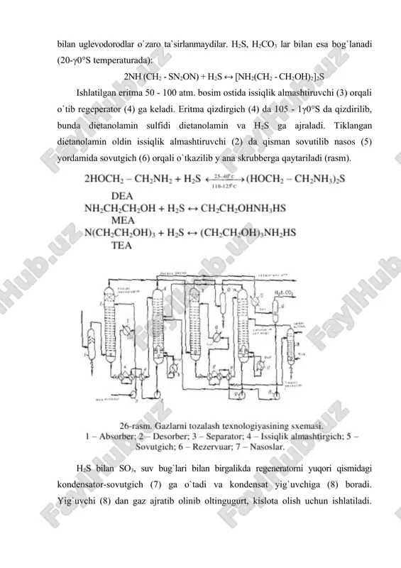 β60°c da havo aralashmasm bilan reaktorlarda fe katalizatorlaridan o`tkaziladi. bunda: 2h2s + o2 = 2n2o + 2s + q reaksiya katta issiqlik chiqishi bilan boradi, natijada chiqayotgan s ni 1/3 qismi sτ gacha oksidlanadi. β60°c da uglevodorod qo`shimchasi to`liq yonmaganligi sababli katalizator yuzasida koks hosil bo`lishi ortadi. bu usulni kamchiligi. shu sababli s-ni olishni 2 bosqichli texnologiyasi qo`llaniladi. asosiy yo`nalish bu – hamma h2s ni s va suvga ajralguncha yoqishdan iborat (rasm). rasm. oltingugurt olish texnologiyasining sxemasi. h2s havo boruvchi qurilma (2) yordamida havo bilan birgalikda reaksion pech (1) ga yuboriladi. bunda u va uglevodorodlar qo`shimchalari to`liq yonadi. pechdan chiqayotgan gaгlar (11β0°s) utilizator-qozon (3) da sovutiladi va yuvuvchi kolonna (4) ga uzatiladi. bu kolonnada sovush va oltingugurtni kondensasiyalanishi sodir bo`ladi. suyuq oltingugurt 140°s da kolonnani (4) yuqori qismiga beriladi. uning past qismiga oqib tushayotgan s zmeevik (ilonsimon) sovutgich (5) sovuq suvda ishlaydi va sovutiladi. kondensasiyalangan s yig`uvchi idish (12) ga …