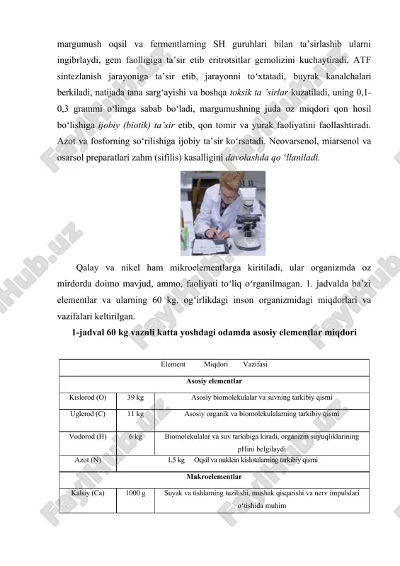sik ta ’sirlar kuzatiladi, uning 0,1-0,3 grammi oʻlimga sabab boʻladi, margumushning juda oz miqdori qon hosil boʻlishiga ijobiy (biotik) ta’sir etib, qon tomir va yurak faoliyatini faollashtiradi. azot va fosforning soʻrilishiga ijobiy ta’sir koʻrsatadi. neovarsenol, miarsenol va osarsol preparatlari zahm (sifilis) kasalligini davolashda qo ʻllaniladi. qalay va nikel ham mikroelementlarga kiritiladi, ular organizmda oz mirdorda doimo mavjud, ammo, faoliyati toʻliq oʻrganilmagan. 1. jadvalda ba’zi elementlar va ularning 60 kg. ogʻirlikdagi inson organizmidagi miqdorlari va vazifalari keltirilgan. 1-jadval 60 kg vaznli katta yoshdagi odamda asosiy elementlar miqdori element miqdori vazifasi asosiy elementlar kislorod (o) 39 kg asosiy biomolekulalar va suvning tarkibiy qismi uglerod (c) 11 kg asosiy organik va biomolekulalarning tarkibiy qismi vodorod (h) 6 kg biomolekulalar va suv tarkibiga kiradi, organizm suyuqliklarining phini belgilaydi azot (n) 1,5 kg oqsil va nuklein kislotalarning tarkibiy qismi makroelementlar kalsiy (ca) 1000 g suyak va tishlarning tuzilishi, mushak qisqarishi va nerv impulslari oʻtishida muhim …