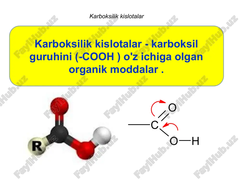 c 23 h 45 cooh - nervon kislotasi (bitta qo'sh bog'lanish). karboksilik kislotalarning tasnifi a- metilbutirik kislota 2-metilbutan kislotasi karboksilik kislotalarning nomenklaturasi jismoniy xususiyatlar eritmadagi karboksilik kislotalar dimerlar shaklida bo'ladi. jismoniy xususiyatlar pastki yog' kislotalari oson harakatlanuvchi suyuqliklar, o'rta a'zolar yog'lar va yuqori yog'li kislotalar qattiq kristalli moddalardir. guruch. 1. karbon kislotalarning erish nuqtalari. jismoniy xususiyatlar guruch. 2. karboksilik kislotalar, aldegidlar va spirtlarning gomologik qatoridagi qaynash temperaturalari. jismoniy xususiyatlar karboksilik kislotalarning gomologik qatorining birinchi a'zolari o'tkir hidga ega, o'rtadagilari achchiq, yoqimsiz hidga ega, masalan, butir kislotasi terga o'xshaydi, yuqori karboksilik kislotalar uchuvchan emasligi sababli hidsizdir. karboksilik kislotalar odatda zaharli emas, lekin konsentrlangan eritmalarni (masalan, sirka mohiyati) yutish kuchli kuyishga olib keladi. ushbu eritmalarning teriga tegishi istalmagan, ichkarida kamroq. karboksil guruhining tuzilishi o d - s d + o d - n d + .. karboksil guruhi p z - ao ning o'zaro ta'siri tufayli tekis p - p - konjugatsiyalangan …