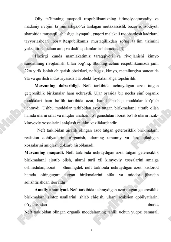 rini aniqlash dolzarb hisoblanadi. mavzuning maqsadi. neft tarkibida uchraydigan azot tutgan geterosiklik birikmalarni ajratib olish, ularni turli xil kimyoviy xossalarini amalga oshirishdan,iborat. shuningdek neft tarkibida uchraydigan azot, kislorod hamda oltingugurt tutgan birikmalarini sifat va miqdor jihatdan solishtirishdan iboratdir. amaliy ahamiyati. neft tarkibida uchraydigan azot tutgan geterosiklik birikmalarni sintez usullarini ishlab chiqish, ularni reaksion qobilyatlarini o’rganishdan iborat. neft tarkibidan olingan organik moddalarning tahlili uchun yuqori samarali yupqa qavatli xromotografiya uslubini tadbiq qilish, ishning muqobil sharoitlarini topishdan iborat. ilmiy yangiligi. neft tarkibida uchraydigan organik moddalarni sintez qilish va ularni olishning muqobil sharoitlarini topish. tarkibida azot tutgan geterosiklik birikmalar jumladan; aromatik aminlar, benzpirol, bnzkarbazol sintezini amalga oshirish hamda ularni kimyoviy xossalarini o’rganish. tadqiqot predmeti. tadqiqotlar predmeti sifatida neft va ular tarkibida uchraydigan azot tutgan birikmalarni sintez qilib olish. olingan azot tutgan geterosiklik birikmalarning turli xil kimyoviy xossalari asosida olingan moddalar. . i. bob adabiyotlar sharhi 1. neft alkanlari, 2. neft sikloalkanlari, 3. neft …