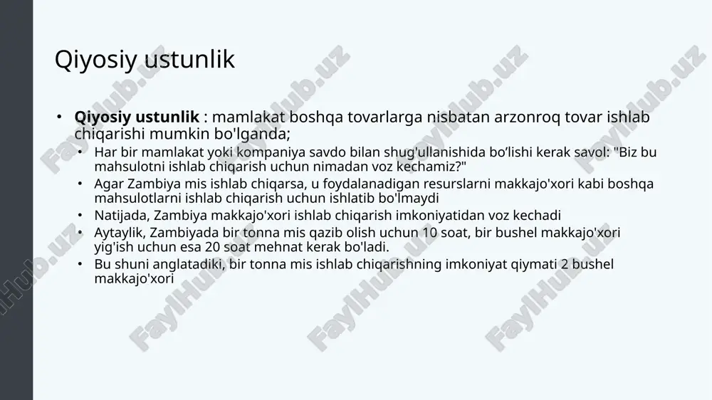 ga ham e'tibor qarata olmaydi. xo'sh, u nimaga e'tibor beradi? xo'sh, musiqiy fokusning har bir darajasi uchun u futbolga e'tiborini qaratishi kerak. bu juda maqbul emas, chunki u futbol bo'yicha dunyodagi eng yaxshilaridan biri. demak, qiyosiy ustunlik nuqtai nazaridan uning futbolda bitta ustunligi bor. krishtianu ronaldu zo'r musiqachi bo'lsa ham, uning futboldagi qobiliyatlari musiqachi sifatidagi qobiliyatidan ancha yuqori. shu bilan birga, janob doyl musiqada ham, futbolda ham o'rtacha bo'lishi mumkin. shunga qaramay, u qiyosiy ustunlikka ega, chunki u musiqaga e'tibor qaratish uchun o'zining futbol qobiliyatidan kamroq voz kechishi kerak. qiyosiy ustunlikni qanday hisoblash mumkin - misol avvalo, imkoniyat narxini hisoblashimiz kerak: xitoy va hindiston bug'doy va kartoshka ishlab chiqaradi. xitoy 100 kilogramm bug'doy yoki 200 kilogramm kartoshka ishlab chiqarishi mumkin. natijada, 100 kg bug'doy = 200 kg kartoshka shunday qilib, xitoy har 1 kg bug'doy uchun 2 kg kartoshkadan voz kechishi kerak. demak, imkoniyat xarajati xalq boshqa mahsulotni ishlab chiqarishdan …