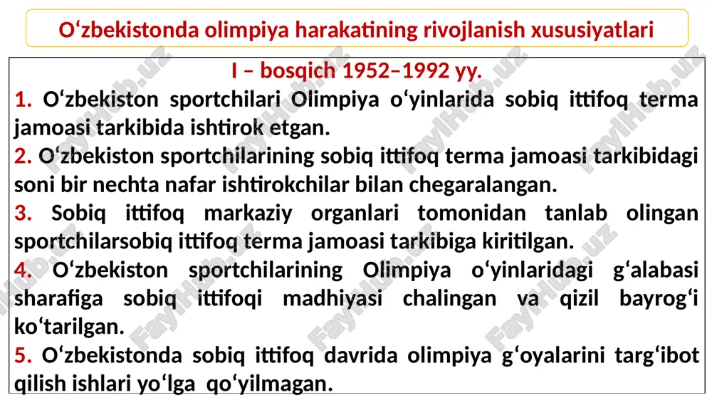 ; turli hudud va mamlakatlarning sport tashkilotlari bilan shartnoma tuzish. o‘z moq ning asosiy vazifalari quyidagilardan iborat: - o‘zbekistonda olimpiya harakatini rivojlantirish, olimpizm g‘oyalarini keng targ‘ib etish; - xoq, osiyo olimpiya kengashi, boshqa mamlakatlar milliy olimpiya qo‘mitalari, xalqaro sport federatsiyalari va uyushmalari bilan hamkorlik qilish, xoq ning “olimpiya birdamligi” dasturida ishtirok etish; - mamlakat terma jamoalari va sport zaxiralarini tayyorlashda davlat, jismoniy tarbiya va sport tashkilotlariga ko‘maklashish; - respublika aholisini jismoniy va ma’naviy tarbiyalashga, jismoniy tarbiya va sport, milliy sport turlarini, nogironlar o‘rtasida sportni rivojlantirishni ta’minlash; - yoshlarni boshqa mamlakatlar sportchilari bilan do‘stlik va birodarlikni mustahkamlash, musobaqalarda halol kurashish, raqibiga olijanoblik bilan munosabatda bo‘lish tamoyillari asosida tarbiyalash; - o‘zbekiston sportchilari yutuqlarini keng targ‘ib qilish; - sport kadrlari o‘rtasida tajriba almashish, ular malakalarini oshirish uchun anjumanlar tashkil etish. o‘zmoq tarkibi: o‘zmoq prezidenti, bosh kotibi, vitse-prezidentlari va a’zolari; olimpiya o‘yinlari dasturiga kiritilgan milliy sport federatsiyalari vakillari; noolimpiya sport turlari va milliy sport …