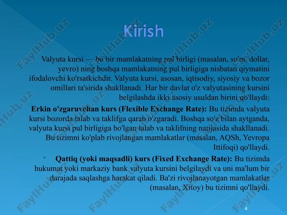 va iqtisodiyotning holatiga moslashuvchan javob beradi. qattiq kurs tizimi davlatning maqsadli siyosati bilan tartiblanib, barqarorlikni ta'minlashi mumkin, lekin bozordagi haqiqiy sharoitlarni aks ettirmasligi ehtimoli bor. valyuta kursining o'zgarishiga quyidagi omillar ta'sir qiladi: iqtisodiy ko'rsatkichlar (masalan, inflyatsiya, iqtisodiy o'sish darajasi). xalqaro savdo balansi. siyosiy va ijtimoiy barqarorlik. markaziy banklarning siyosati va foiz stavkalari. * глава 5. экономика мира 33. обменные курсы валют * 33. обменные курсы валют * * krugman p., obstfeld m. xalqaro iqtisodiyot: nazariya va siyosat. — 2020. ushbu kitob valyuta kurslari, xalqaro savdo va moliya bozorlarining nazariy asoslarini tushuntiradi. mishkin f. s. pul-kredit siyosati va moliyaviy tizim. — 2019. asarda markaziy banklarning siyosati va valyuta kursiga ta'sir etuvchi omillar haqida ma'lumot berilgan. o‘zbekiston respublikasi markaziy banki www.cbu.uz — valyuta kurslari va ularning dinamikasi bo‘yicha rasmiy ma’lumot manbasi. imf (xalqaro valyuta jamg‘armasi) www.imf.org — xalqaro moliya bozorlari va valyuta kurslarining o‘zgarishlari bo‘yicha tahlillar. investopedia www.investopedia.com — valyuta kurslari, moliya …