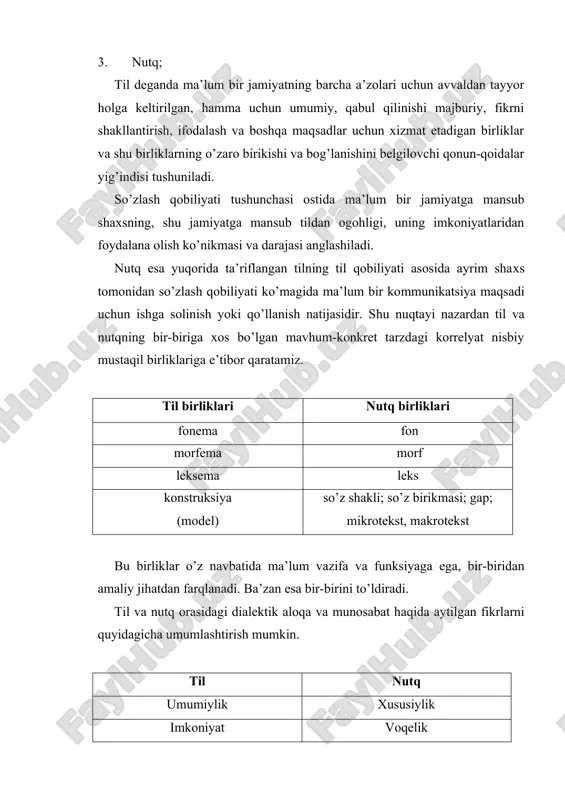 alanadi. til va nutqning o’ziga xos jihatlari quyidagilarda namoyon bo’ladi. 1. til- munosabat asosi; nutq munosabat ifodasidir. 2. til jamiyatda shakllangan; nutq esa har bir shaxs faoliyatida namoyon bo’ladi. 3. tilning mavjudlik davri uzoq, ijtimoiy hayot bilan bog’liq; nutqning mavjudlik davri qisqa, u aytilgan paytdagina mavjud. 4. bir shaxs ayni zamonda bir nechs tilga ega bo’la oladi; shaxsning nutqi esa faqat bitta bo’ladi, negaki nutq ma’lum vaqtda va ma’lum makonda yuz beradi. 5. tilning hajmi noaniq, chegaralanmagan; nutqning hajmmi aniq: u dialog, monolog, ayrim matn, kitob ifodalari bo’ladi. 6. til qat’iy, turg’un hodisa; nutq o’zgaruvchan harakatdagi hodisadir. nutq jarayoni va so’zlash faoliyatini psixologik tilshunosllik o’rganadi. psixologik tiilshunoslik ham boshqa sohalar qatorida nutqni tiil bilan uzviylikda talqin etadi. til ma’lum miqdordagi nutq tovushlarining turli kombinatsiyasi bilan kishilar bir-birlariga bildiradigan so’zlar, grammatik vositalar va ulardan foydalanish qoidaliridan tashlik topgan, degan fikr xix asrning birinchi yarmidayoq qiyosiy grammatikachilar tomonidan ilgari surildi. hozir ham …