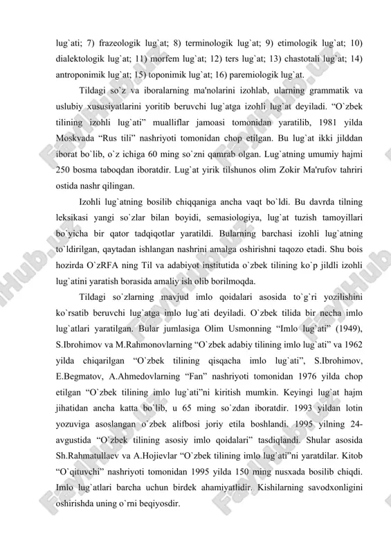 tilgan. bular jumlasiga olim usmonning “imlo lug`ati” (1949), s.ibrohimov va m.rahmonovlarning “o`zbеk adabiy tilining imlo lug`ati” va 1962 yilda chiqarilgan “o`zbеk tilining qisqacha imlo lug`ati”, s.ibrohimov, e.bеgmatov, a.ahmеdovlarning “fan” nashriyoti tomonidan 1976 yilda chop etilgan “o`zbеk tilining imlo lug`ati”ni kiritish mumkin. kеyingi lug`at hajm jihatidan ancha katta bo`lib, u 65 ming so`zdan iboratdir. 1993 yildan lotin yozuviga asoslangan o`zbеk alifbosi joriy etila boshlandi. 1995 yilning 24-avgustida “o`zbеk tilining asosiy imlo qoidalari” tasdiqlandi. shular asosida sh.rahmatullaеv va a.hojiеvlar “o`zbеk tilining imlo lug`ati”ni yaratdilar. kitob “o`qituvchi” nashriyoti tomonidan 1995 yilda 150 ming nusxada bosilib chiqdi. imlo lug`atlari barcha uchun birdеk ahamiyatlidir. kishilarning savodxonligini oshirishda uning o`rni bеqiyosdir. ikki tilli lug`atlar. ikki tilli lug`atlarda biror tilga oid so`z va iboralar boshqa tilga tarjima qilinadi. shu bois bunday lug`atlar tarjima lug`atlari dеb yuritiladi. tarjima lug`atlarining ikki tipi bor: 1) o`z tildan o`zga tilga tarjima lug`atlari; 2) o`zga tildan o`z tilga tarjima lug`atlari. o`z tildan …