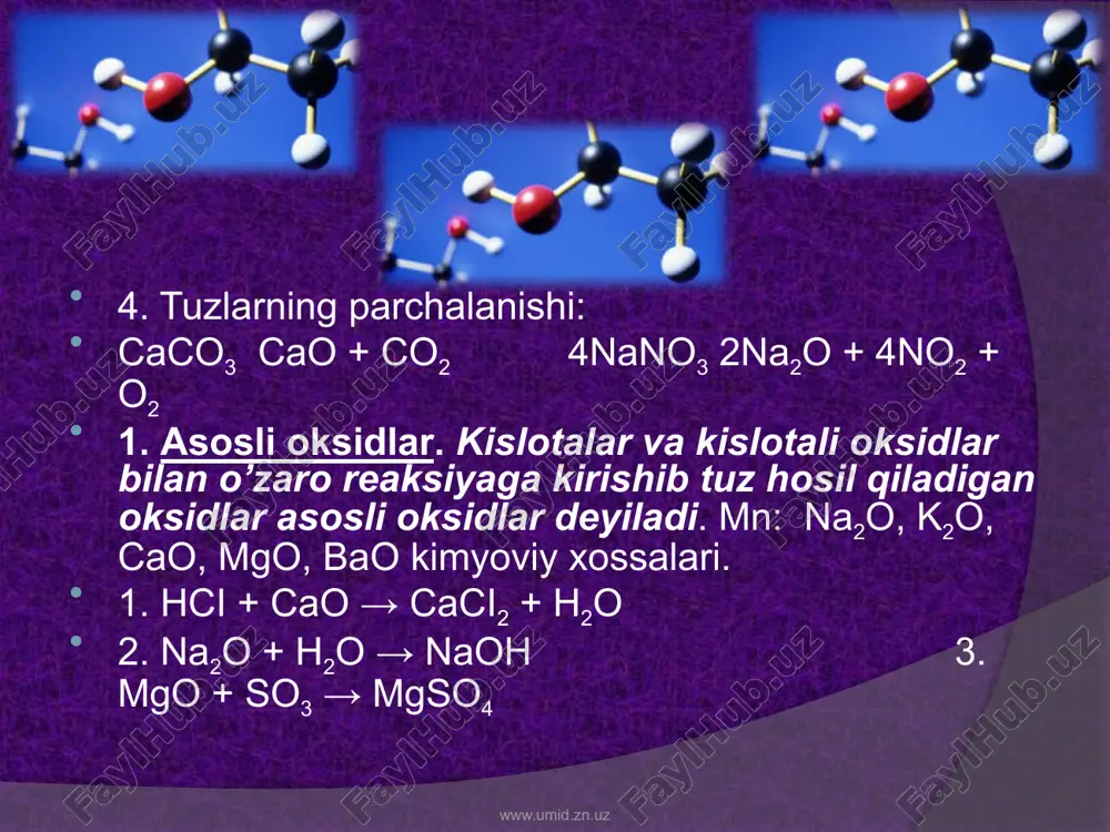 igi ko’rsatilib gidroksid so’zi qo’shiladi: fe(oh)2 - temir(ii)-gidroksidi fe(oh)3 - temir(iii)-gidroksidi www.umid.zn.uz asoslarning olinishi: aktiv metallarni h2o bilan ta`siri: 2na + 2h2o = 2naoh + h2↑; 2k + 2h2o = 2koh + h2↑ asosli oksidlarga н2о ta’siri : na2o + h2o = 2naoh; cao + h2o = ca(oh)2 suvda yomon eriydigan asoslarning olish uchun ularni tuzlariga ishqorlar ta`sir etiriladi: cuci2 + 2naoh = cu(oh)2↓+ 2naci; feci2 + 2koh = fe(oh)2↓ + 2kci 4. tuz eritmalarini elektroliz qilish bilan ham asos hosil qilish mumkin (ishqor)lar olinadi, masalan: naci + h2o na+ + h2↑ + ci2↑ + oh- h2o = h+ + oh- naci = na+ + ci- 2ci- - 2 e → ci2 - anod 2h+ + 2 e → h2 - katod eritmada: na+ + oh- = naoh www.umid.zn.uz asoslarning xossalari: 1. asoslarning kislotalar bilan reaksiyasi:naoh + hci = naci + h2o 2. asoslarning kislotali oksidlar bilan reaksiyasi: 2koh + …