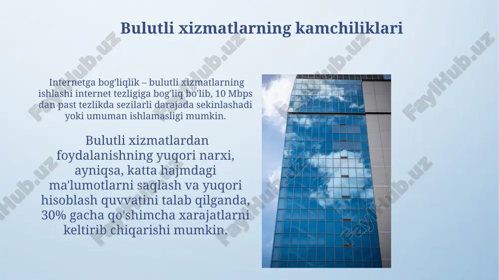 rtnomalardagi nozik jihatlarni batafsil o'rganish kerak. bu sizga eng maqbul variantni topishga yordam beradi. xizmat ko'rsatuvchining obro'si, mijozlarning fikrlari va texnik qo'llab-quvvatlash sifatini 90% baholang va 10% narxga qarang. yuqori darajadagi xizmatlarning narxi ancha yuqori bo'lishi mumkin, lekin bu ishonchlilik va xavfsizlikni ta'minlaydi. manbalar ma'lumotlarni saqlashning xarajat samaradorligi jihatidan bulutli texnologiyalar, an'anaviy serverlarga nisbatan 30% gacha tejash imkonini beradi, bu esa 1tb ma'lumotlar uchun sezilarli farqni keltirib chiqaradi. bulutli saqlash tizimlarining ishonchlilik darajasi, 99,99% gacha "to'rt to'qqizlik" (four nines) ko'rsatkichi bilan tavsiflanadi, bu esa ma'lumotlarning yo'qotilish ehtimolini minimal darajada ushlab turadi. integratsiya va migratsiya bulutli hisoblashga o'tish jarayoni 3 bosqichdan iborat bo'lib, har bir bosqich o'rtacha 6-8 hafta davom etadi va 10% dan 30% gacha vaqtni dasturlarni modernizatsiya qilishga sarflaydi. ma'lumotlarni bulutga ko'chirishda, 5 tb dan ortiq ma'lumot hajmi uchun parallel ko'chirish texnologiyalaridan foydalanish maqsadga muvofiq bo'lib, bu jarayonni tezlashtiradi va xarajatlarni kamaytiradi. bulutli texnologiyalarni qo'llash misollari tibbiyot sohasida bulutli …