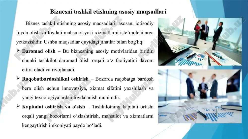 larini yuritish talab etilmaydi; • moslashuvchanlik, tezkor qaror qabul qilish imkoniyati. • xo‘jalik sub’ektining mavjudlik vaqti jismoniy shaxs umri bilan cheklangan; • biznes miqyosi cheklanganligi uchun boshlang‘ich sarmoyani to‘plash qiyin; • “ rasmiy ” biznes vakillaridan hech kim bunday ishga jiddiy ravishda sarmoya kiritishni hohlamaydi; • kredit resurslarini olish cheklangan; • agar siz qarzga pul olsangiz, sizning mulkingiz xavf ostida qoladi; • tadbirkorlikning barcha muammolarini bajarish qiyin; dam olish kuni, kasallik varaqasi, ijtimoiy to‘lovlar bilan bog‘liq muammolar. yakka tadbirkorlik biznesni tashkil qilish shakli afzalliklari kamchiliklari xususiy korxona • biznesni boshqarishning soddaligi; • ta’sis hujjatlarini tayyorlash (faqat nizom) va korxonani davlat tomonidan rasmiylashtirish (ro‘yxatdan o‘tkazish) nihoyatda soddalashtirilgan; • nizom fondining miqyosi korxona egasi tomonidan belgilanadi; • ishchilarni yollab ishlatish imkoniyati mavjud; • foyda soliq va boshqa majburiy to‘lovlar to‘langach mulk egasi ixtiyoriga kelib tushadi va soliqqa tortilmaydi. • ta’sischi o‘z korxonasining mas’uliyatiga (javobgarligiga) unga tegishli mulk bilan javobgar hisoblanadi. xususiy korxona …