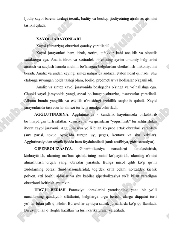 arga urgu berish, ularga diqqatni turli yo`llar bilan jalb qilishdir. bu usullar ayniqsa satirik jurnallarda ko`p qo`llaniladi. bu usul bilan o’rtoqlik hazillari va turli karikaturalar yaratiladi. sxematizasiya (sxemalashtirish) - biror mavjud narsadan andaza olib, shu andaza asosida obrazlar yaratish. masalan rassomlar turli o`simliklarning obrazi asosida naйshlar yaratadilar. yangi xayol obrazlarini yaratishning yana bir usuli, tipiklashtirish. tipiklashtirishdan badiiy adabiyotda keng qo`llaniladi. bu usul yordamida biror hodisaga, kishilar toifalariga, davrga xos yoki ularda ko`p takrorlanuvchi belgilar ma`lum obrazlarda gavdalantiriladi. adabiyotlar ro`yxati 1. g`oziev e. psixologiya. t. 1994. 2. granovskaya r. m. elementi prakticheskoy psixologii. spb, 1997 3. karimova v. m. "ijtimoiy psixologiya asoslari". - t., 1994 4. karimova v. m. auditoriyada bahs-munozarali darslarni tashkil etishning psixologik texnikasi. - t., 2000 5. karimova v. m. psixologiya. - t., 2002 6. karimova v. m., akramova f. psixologiya. ma’ruzalar matni - t., 2000 7. olshanskiy b. b. prakticheskaya psixologiya dlya uchiteley. m. 1994. 8. psixologiya. …