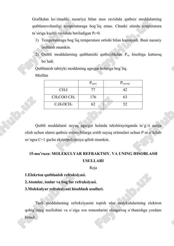 nilari” 2 ta molekulada 2 hil. refaraksiyadan faqat molekulalarning tuzilishigagina emas, ulardagi kimyoviy bog`larning tabiatini aniqlashda ham foydalanish mumkin. aytaylik co2 molekulasi c14 va 2o-2 ionidan tuzilgan bo`lsin: o-2=c14=o-2 . u holda r(co2) = 0.003412-9.8=19.76 bo`lishi kerak. tajribada 6.71 topilgan. demak bog`lar ionli emas, kovalent qutbli bog`lardir. referaksiyasi bog`ning mustahkamligidan dalolat beradi: referaksiya qanchalik katta bo`lsa, bog` shunchalik nomustahkam bo`ladi. referaksiya modda tuzilishini aniqlashda ham qo`l keldi. aytaylik analiz natijasida moddaning emperik formulasi c6h6 ga to`g`ri keldi. bunday tarkibga 1. divinilatsetilen – ch2=ch –c-ch=ch2, 2. benzol c2h2 to`g`ri kelishi mumkin. hisoblaymiz r(dva)=27.36. r(benzol)=26.37. r(tajriba)=26.19. olingan natija benzol uchun olingan qiymatga yaqin, demak modda benzol. keto – enol tautomeriyadagi har bir shakldagi moddaning molyar qismini topish: referaksiyaning ekzaltatsiyasi. ekzaltatsiya deb r=rtajriba – radd ga aytiladi. ekzaltatsiya konyugirlangan bog`li birikmalarda va kondensirlangan aromatic birikmalarda uchraydi. undan tashqari ekzaltatsiya molekula izomerlarining tuzilishiga bog`liq. agar qushbog`lar konyugirlanmagan bo`lsa, ekzaltatsiya bo`lmaydi. ekzaltatsiyaning sababi, elektronlarning molekula …