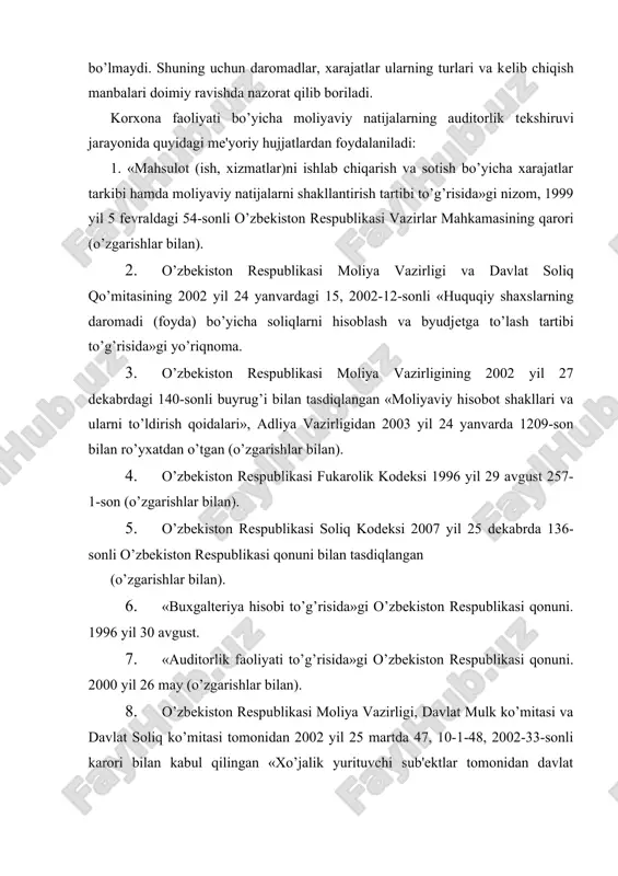 iqlangan (o’zgarishlar bilan). 6. «buxgaltеriya hisobi to’g’risida»gi o’zbеkiston rеspublikasi qonuni. 1996 yil 30 avgust. 7. «auditorlik faoliyati to’g’risida»gi o’zbеkiston rеspublikasi qonuni. 2000 yil 26 may (o’zgarishlar bilan). 8. o’zbеkiston rеspublikasi moliya vazirligi, davlat mulk ko’mitasi va davlat soliq ko’mitasi tomonidan 2002 yil 25 martda 47, 10-1-48, 2002-33-sonli karori bilan kabul qilingan «xo’jalik yurituvchi sub'еktlar tomonidan davlat tasarrufidagi aktsiyalar bo’yicha dividеtnlarni hisoblash, to’lash va maqsadli foydalanish tartibi to’g’risida»gi nizom. 9. “auditorlik tashkilotlari faoliyatini yanada takomillashtirish hamda ular ko’rsatayotgan xizmatlar sifati uchun javobgarlikni oshirish to’g’risida”gi 2007 yil 4 aprеldagi pq-615-sonli o’zbеkiston rеspublikasi prеzidеntining qarori (22.12.2009 y. pq-1245-sonli o’zgartirishlar bilan). 10. "auditorlik faoliyatini takomillashtirish va auditorlik tеkshirishlarining ahamiyatini oshirish to’g’risida" 2000 yil 22 sеntyabrdagi 365-son qaroriga o’zgartirish va qo’shimchalar kiritish haqida” gi 2007 yil 17 maydagi 99-sonli vazirlar mahkamasining qarori. 11. "ustav kapitalida davlat aktsiyalari pakеti (ulushlari) 50 foizdan ortiq bo’lgan korxonalarda tashqi auditni o’tkazadigan auditorlik tashkilotlari ro’yxatiga auditorlik tashkilotlarini kiritish tartibi to’g’risida”gi …