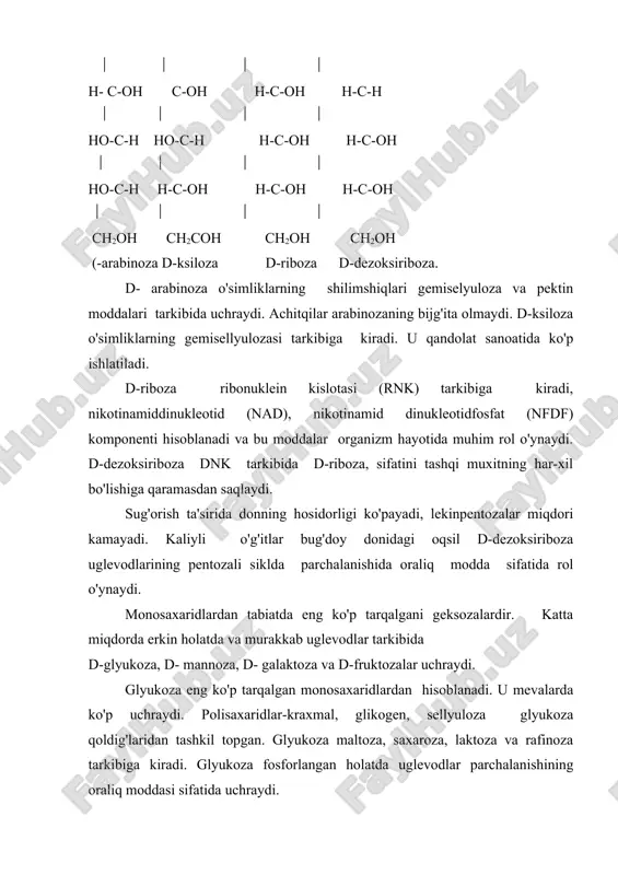 da oz miqdorda sikloamiloza ham uchraydi. ular kislotali gidrolizlanganda glyukoza hosil bo'ladi va bundan xulosa qilamizki, har uchala komponent ham poliglyukozid ekan. amiloza molekulasida glyukoza qoldiqlari (-1,4-glyukozid bog'lari birikkan chiziqsimon zanjirni hosil qiladi va uning molekulyar og'irligi 100000 da va undan yuqori bo'lishi mumkin. amilopektin molekulasida 1,4-1,6- glyukozid bog'lari bo'lishi aniqlangan va bu narsa uning tarmoqlangan strukturaga ega bo'lishini ta'minlaydi. har bir 20-25 ta 1,4- glyukozid bog'iga bitta 1,6-bog' to'g'ri keladi. sikloamiloza xalqali tuzilishga ega. amilopektin molekular og'irligi 400.000 da va yuqori bo'lishi mumkin. har xil o'simlik kraxmalida amiloza va amilopektin nisbati har xil, chunonchi amilopektin miqdori (75-80%) amilozaga (20-25%) nisbatan hamma vaqt ko'p ekanligi aniqlangan. kraxmalni suvda 60-80 0с gacha qizdirganimizda kleysterlanadi (kraxmal sovuq suvda erimaydi) va bu jarayon amilopektinning bo'kishi va kleysterlanishi tufayli kuzatiladi. yod bilan amiloza va amilopektin har xil rang beradi: amilopektin -ko'ng'ir, amiloza bo'lsa -ko'k. kraxmal qaytaruvchanlik xossasiga ega emas. tarkibida 10-20% suv bo'lgan kraxmalni …