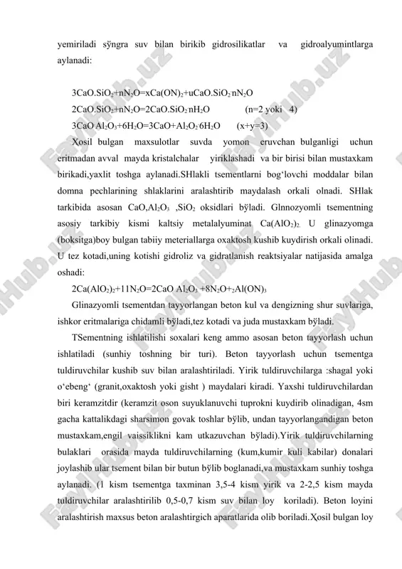 likdagi sharsimon govak toshlar bўlib, undan tayyorlangandigan beton mustaxkam,engil vaissiklikni kam utkazuvchan bўladi).yirik tuldiruvchilarning bulaklari orasida mayda tuldiruvchilarning (kum,kumir kuli kabilar) donalari joylashib ular tsement bilan bir butun bўlib boglanadi,va mustaxkam sunhiy toshga aylanadi. (1 kism tsementga taxminan 3,5-4 kism yirik va 2-2,5 kism mayda tuldiruvchilar aralashtirilib 0,5-0,7 kism suv bilan loy koriladi). beton loyini aralashtirish maxsus beton aralashtirgich aparatlarida olib boriladi.ҳosil bulgan loy korishma taxta yoki metall koliplariga (opolubkalarga)solinib shakl beriladi va kotishi uchun koldiriladi ,kotgan kolib ajratib olinadi. kotishini tezlashtirish uchun maxsus kameralarda bug‘ bilan ishlov beriladi. betondan bloklar ,yigma uylar uchun devorlar, tugonlar, yullar ,basseynlar, kuvurlar va boshka kurilmalar kuriladi. odatdagi beton katta zichlikka ega bўlib (2500kg/m3)engil vagovak tuldiruvchilar kushilganda uning zichligi 1200-1400 kg/m3 gacha kamayishi mumkin masalan : tufobeton, shlakabeton va boshkalar. ayniksa gazobeton va kўpikbeton juda yengil ,issik va tovushni yomon utkazuvchan bўladi. gazobeton, tsement xamiriga gaz ҳosil kiluvchi moddalar al (vodorod ajratib chikaradi) n2o2 …