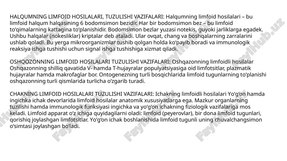 ga xos bо‘lmagan ishtirokchilari sanalishadi. 4) monotsitar-makrofagol; ilik joylashgan joyda differensirovka mazkur yо‘nalishda qonga kо‘chib о‘tuvchi monotsitlar hosil bо‘lishi bilan yakuniga yetib; tо‘qimali makrofag kо‘rinishidagi yetilgan yakuniy formalar organ hamda tо‘qimalarning turli xil joylarida kengayib, ular о‘ziga xos nomlarga ega bо‘lgan, bular: biriktiruvchi tо‘qimaning gistiotsitlari, jigarning yulduzsimon retikulotsitlari, taloq makrofaglari, limfa tugunlari makrofaglari, peritoneal makrofaglar, zardobli makrofaglar, asab tolalari mikrogliyasi hujayralari (tо‘qimalari); 5 5) t-hujayrali; ilikning differensiatsiyasidagi (о‘zgarishidagi) ushbu о‘simta faqat rivojlanishning boshlang‘ich bosqichni – t-hujayralarining ajdodi limfoid ustunli (ustunsimon) hujayradan hosil bо‘lishi jarayonidan о‘tadi; klonlashuvchi t-hujayralarning turli xil subpopulyatsiyalari yetilishining asosiy jarayoni timusda rо‘y beradi; 6) b-hujayra; t-hujayrali yо‘nalishdan farqli ravishda v-hujayrali differensirovka amaliy jihatdan tо‘liq yakuniga yetishi bilan xarakterlanadi. sariq ilik asosan retikulyar tо‘qimaning о‘rnini egallagan yog‘ tо‘qimasida tо‘plangan. sariq ilikda qon hosil qiluvchi elementlar mavjud emas. ammo katta miqdordagi qon yо‘qotishda sariq ilikda ham qon bilan kirib keladigan ustunsimon hujayralar hisobiga qon ishlab chiqarish о‘choqlari paydo bо‘lishi …