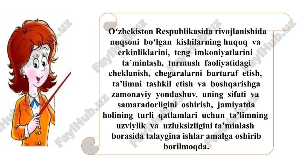 id usullar bilan juda mustahkam bog‘lanadi. shu usullar m a’lumotiga tayanib, o'qitishning umumiy qonuniyatlarini yechib beradi va ayni vaqtda har bir o‘quv fanini o‘qitish usullari uchun umumiy asos boiib xizmat qiladi. al-xorazmiy, abu rayhon beruniy, abu ali ibn sino, yusuf xos hojib, kaykovus, alisher navoiy kabi buyuk sharq mutafakkirlari o‘zlarining saboqlarga boy asarlarida tibbiyot, mantiq, musiqa, adabiyot, geografiya, riyoziyot kabi ilmlami o‘qitish vositasida avlodlami tarbiyalash g‘oyasini olg‘a surdilar sharqu g‘arb ma’naviy merosi asosida pedagogik jarayondan m 2007 yilda «oʻzbekistonda inklyuziv ta’lim» loyihasi amalga oshirilgan bo‘lib, loyihada oʻzbekiston respublikasi xalq ta’limi vazirligi, oliy va oʻrta maxsus ta’lim vazirligi, navoiy shahridagi «umr» imkoniyati cheklangan bolalarga yordam berish markazi, samarqand shahridagi «hayot» nomli nogironlarga yordam berish markazi, jizzax shahridagi «istiqbolli avlod» markazi, qashqadaryo viloyatining qarshi shahridagi «umid» tashabbuslarga koʻmak berish va rivojlantirish markazi, termiz shahridagi «imkon» imkoniyati cheklangan bolalar va oilalarga koʻmak berish markazi, fargʻona viloyatining qoʻqon shahridagi «ziyo» maxsus zaruratli bolalarga ijtimoiy …