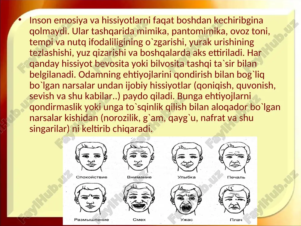 vom etadigan, qandaydir bir qiziqish, intilish va faoliyat bilan bog`liq bo`lgan barqaror his-tuyg`ulardir. masalan, kishi fan, musiqa, sportga havas quyishi mumkin. kishilarda ularning psixik va jismoniy holatiga yomon ta`sir ko`rsatadigan havaslar ham bo`ladi. ular orasida ichkilikbozlikka, narkotiklarga (giyohvandlikka), qimor o`yinlariga hirs qo`yishni ko`rsatish mumkin. agar kishi o`zida ana shu havaslarni engish uchun iroda kuchini topa olmasa, ular uning sog`ligiga zarar etkazadi va hatto halokatga ham olib borishi mumkin. ayrim havaslar ancha barqaror bo`lib, uzoq davom etadi va kishini hayajonlantirib, nisbatan osoyishta o`tadi. lekin shunday his-tuyg`ular ham borki, ular kimda paydo bo`lmasa, uni ayniqsa, kuchli va chuqur larzaga keltiradi. psixologiyadagi bunday emosional holatlarni stressli (zo`r berish) holatlar deb atash qabul qilingan. stress - odamni kuchli, chuqur larzaga keltiradigan his-tuyg`ular oqibatidagi emosional holat. ular kuchli psixik zur berishlarda: xavf - xatar vaqtida, ortiqcha jismoniy va aqliy mehnat qilishda, faoliyatning juda qiyin va mas`uliyatli damlarida vujudga keladi. frustrasiya (lotincha - aldanish, haddan tashqari …