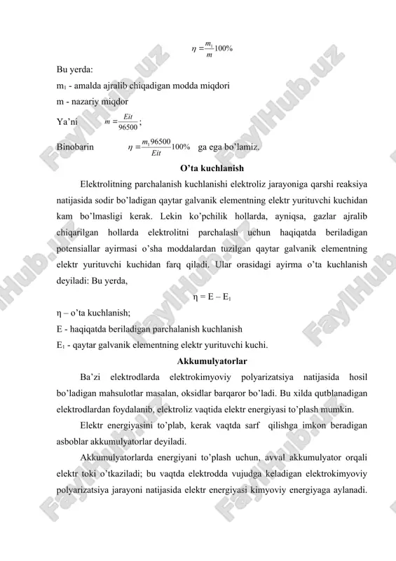 pb + so4 2 anodda qo’rg’oshin oksidlanib, to’rt valentli holatga keladi; pbso4 + 2e – 2h2o = pbo2 + 4htt so4-2 bu reaksiya yig’indisi quyidagicha bo’ladi: 2pbso4 + 2h2o = pb + pbo2 + 4h+ + 2so4-2 demak, zaryadlangan akkumulyatorning bir elektrodida qo’rgoshin, ikkinchi elektrodida esa pbo2 bo’ladi. ishqorli akkumulyatorlardan temir-nikelli akkumulyatorni ko’rib chiqamiz. bu akkumulyatorda manfiy elektrod sifatida presslangan temir kukuni, musbat elektrod sifatida nikel gidroksid xizmat qiladi. elektrolit sifatida koh ning 30% li eritmasi olinadi. bu akkumulyator qo’rg’oshinli akkumulyatordan ancha yengil va chidamlidir. ishqorli akkumulyatorda ketadigan reaksiyalar manfiy elektrodda quyidagicha bo’ladi: fe - 2e + 2oh- - fe (oh)2 musbat elektrodda ni(oh)3 + 2e - 2(oh)2+2oh- fe + 2ni(oh)3 = fe(oh)2 + 2ni(oh)2 akkumulyator zaryadlanayotganda bu reaksiya teskari yo’nalishda boradi: katodda fe(oh)2 elektronlar biriktirib olib temir metaliga aylanadi. anodda esa ni(oh)2 elektronlar berib, ni(oh)2 ni hosil qiladi. shuning uchun zaryadlanish va zaryadsizlanish formulasini quyidagicha yozish mumkin. fe(oh)2 + …