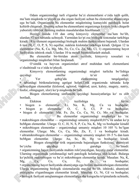 iqlarini bo‘shashtirib, ularning o‘tkazuvchanligini oshiradi. bu esa o‘z navbatida katod ostiga turli dorivor moddalarni joylashtirib ularning elektr to‘qimalarga oson va tez o'tkazish orqali davolash imkonini beradi. anod oldida yig‘ilgan 2 valentli ca2+ va mg2+ ionlari hujayra membranalarining zichligini oshiradi va elektr o‘tkazuvchanlikni pasaytiradi. elektrod qutblarini almashtirish ionlarning teskari taqsimlanishi va dastlabki holatning qayta tiklanishiga olib keladi. bu usullar fizioterapiyada to‘qimalarning faoliyatini tiklash, og‘riqni qoldig`i rish, moddalar almashinuvini yaxshilash orqali shamollash oqibatlarini kamaytirish, chandiqlarni so‘rilishini tezlatishda keng qo‘llanadi. konduktometrik titrlash usuli yordamida biologik suyuqliklarning elektr o‘tkazuvchanligini aniqlash mumkin. sog‘lom kishining siydigining solishtirma elektr o'tkazuvchanligi oralig‘ida bo‘ladi. buyrak funksiyasi buzilgan bemorlar siydigining solishtirma elektr o‘tkazuvchanligi 1 sm 1 gacha kamayib ketadi. bunga sabab, noelektrolit oqsil miqdori ortib, kuchli elektrolit nacl ning konsentratsiyasi kamayishidir. qandli diabetga chalingan bemorlar siydigining elektr o'tkazuvchanligi noelektrolit bo‘lgan qand miqdorining ortishi hisobiga kamayadi.ganizmning normal hayot faoliyati uchun zarur bo‘lgan va ularning tanqisligi ba’zi patologik holatlarga olib keladigan, organik …