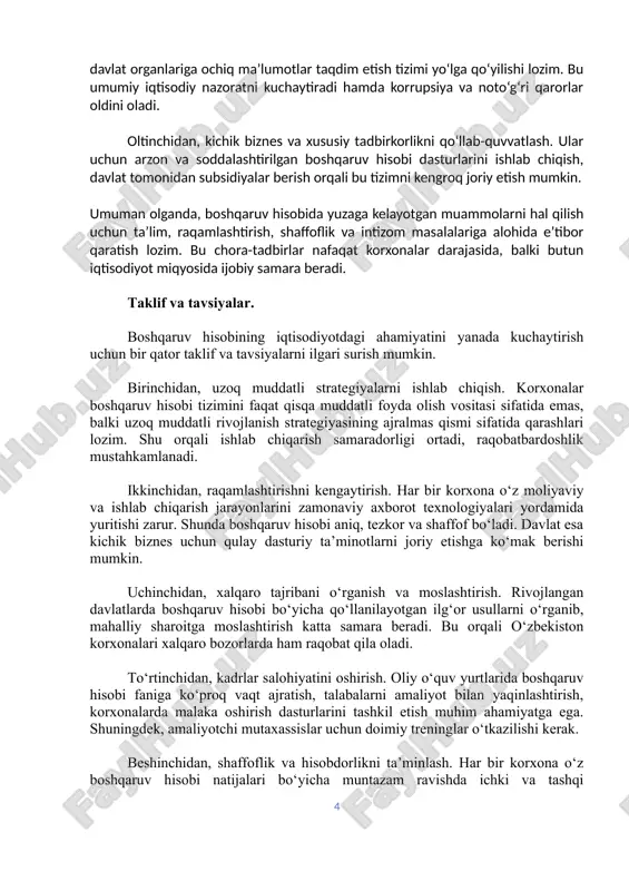 iy dasturiy mahsulotlardan keng foydalanish, hisob-kitoblarni avtomatlashtirish inson omili ta’sirini kamaytiradi. bu orqali xatoliklar oldi olinadi, hisob-kitoblar aniqligi oshadi va vaqt tejaladi. to‘rtinchidan, moliyaviy intizomni kuchaytirish. korxona rahbarlari va menejerlari boshqaruv hisobi orqali shakllangan ma’lumotlarga qat’iy amal qilishi kerak. bu qaror qabul qilish jarayonini samarali qiladi, resurslarning isrof bo‘lishini kamaytiradi va rentabellikni oshiradi. beshinchidan, axborotlarning shaffofligini ta’minlash. boshqaruv hisobi natijalarini korxona ichida yopiq tarzda yuritishdan ko‘ra, tashqi auditorlar va davlat organlariga ochiq ma’lumotlar taqdim etish tizimi yo‘lga qo‘yilishi lozim. bu umumiy iqtisodiy nazoratni kuchaytiradi hamda korrupsiya va noto‘g‘ri qarorlar oldini oladi. oltinchidan, kichik biznes va xususiy tadbirkorlikni qo‘llab-quvvatlash. ular uchun arzon va soddalashtirilgan boshqaruv hisobi dasturlarini ishlab chiqish, davlat tomonidan subsidiyalar berish orqali bu tizimni kengroq joriy etish mumkin. umuman olganda, boshqaruv hisobida yuzaga kelayotgan muammolarni hal qilish uchun ta’lim, raqamlashtirish, shaffoflik va intizom masalalariga alohida e’tibor qaratish lozim. bu chora-tadbirlar nafaqat korxonalar darajasida, balki butun iqtisodiyot miqyosida ijobiy samara …