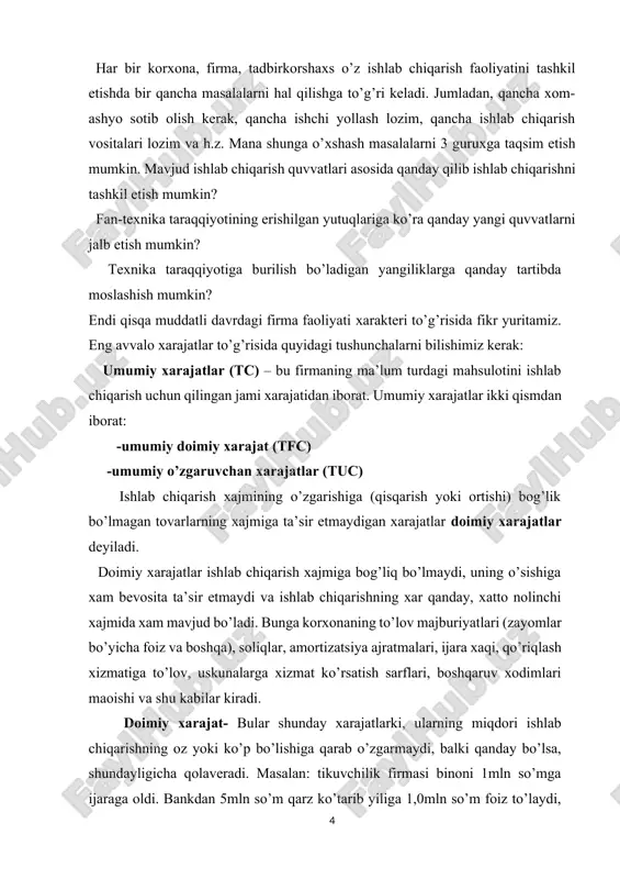 rning miqdori ishlab chiqarishning oz yoki ko’p bo’lishiga qarab o’zgarmaydi, balki qanday bo’lsa, shundayligicha qolaveradi. masalan: tikuvchilik firmasi binoni 1mln so’mga ijaraga oldi. bankdan 5mln so’m qarz ko’tarib yiliga 1,0mln so’m foiz to’laydi, hisobchini ishga olib oyiga 75 ming so’m, yiliga esa 900 ming so’m ish xaqi to’laydi. bu xarajatlar jami 2,9mln so’mni ( 1.0+1.0+0.9=2.9 ) tashkil etadi. firma 100 ta yoki 500 ta ko’ylak tikmasin, baribir shu 2.9 mln so’m xarajatni qilishi shart. doimiy xarajatlarga odatda amortizatsiya ajratmasi, doimiy ishga olinganlarning maoshi, ijara xaqi, korxona mulkini sug’urtalash puli, bankga beriladigan foiz kabilar kiradi. o’zgaruvchi xarajatlar- ishlab chiqarish hajmining o’zgarishiga ta’sir qiladigan xarajatlarga aytiladi. o’zgaruvchi xarajatlar-ishlab chiqariladigan tovar miqdorini oshishiga yoki kamayishiga ta’sir qiladi va ishlab chiqarish xajmi o’zgarishiga bog’liklikda o’zgaradi. unga xom ashyo, material, yonilg’i-transport xizmati, ishchilar ish xaqi va shu kabilarga qilinadigan sarflar kiradi. ishlab chiqarishning xar bir darajasida doimiy va o’zgaruvchan xarajatlar yigindisi umumiy yoki yalpi xarajatlar …