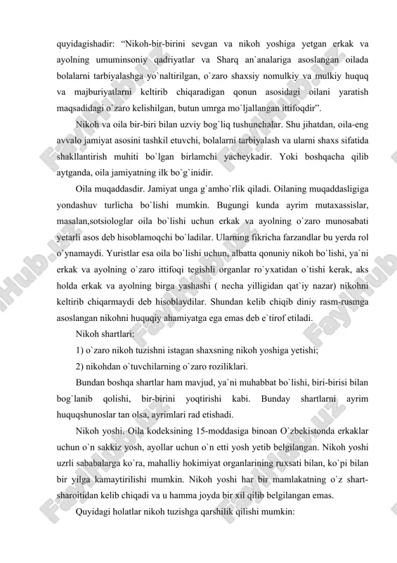 alar bilan opa-singillar o`rtasida, shuningdek, farzandlikka oluvchilar bilan farzandlikka olinganlar o`rtasida; - nikohga kiruvchilardan birining ruhiy kasalligi yoki aqli zaifligi sababli sud tomonidan muomalaga layoqatsiz deb topilishi. tibbiy ko`rikdan o`tish. oila kodeksining 17-moddasi “nikohlanuvchi shaxslarni tibbiy ko`rikdan o`tkazish” deb nomlangan. unga binoan, nikohlanuvchi shaxslarni tibbiy ko`rikdan o`tkazish, shuningdek, tibbiy-irsiy hamda oilani rejalashtirish masalalari bo`yicha maslahatlar berish nikohlanuvchi shaxslar roziligi bilan davlat sog`liqni saqlash tizimi muassasalari tomonidan amalga oshiriladi. nikoh tuzish tartibi. qonunga ko`ra, nikoh fuqarolik holati dalolatnomalarini qayd etish organlarida tuziladi. nikoh tuzish nikohlanuvchilarning fuqarolik holati dalolatnomalarini qayd etish organlariga ariza bergan kundan boshlab bir oy o`tganidan keyin, ularning shaxsan o`zlari ishtirokida amalga oshiriladi. fuqarolik holati dalolatnomalarini qayd etish organi nikohni ro`yxatga olishni rad etganda, shikoyat bilan sudga yoki bo`ysunishiga ko`ra yuqori turuvchi organga murojaat qilinishi mumkin. quyidagi holatlarda nikoh tugatilishi mumkin: - er-xotindan birining vafoti yoki ulardan birini vafot etgan deb e`lon qilinishi oqibatida; - er-xotindan biri yoki har …