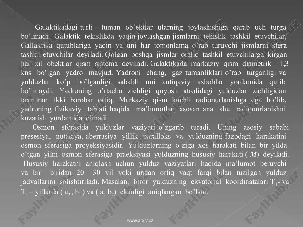 duzning chaqnashi bo’lib ko’rinadi. www.arxiv.uz www.arxiv.uz spiral galaktika massif bo’lsa tortishish kuchlari shuncha spiralni kuchliroq tortadi. shuning uchun massif galaktikalarda ingichka. ularda yulduz ko’proq gaz kamroq bo’ladi. m31 galaktikada spiralning qo’llari juda ingichka, m33 tumanlikda esa o’rtacha o’lchamga ega bo’lgan qo’llar kuzatiladi, tipiga bog’liq ravishda spiral galaktikalarning yulduzlari har xil hosil bo’lish tezligiga ega, eng katta tezlik sc tipidagi galaktikada elliptik yulduz sistemalarda evalyutsion jarayon sodda bo’lish kerak chunki ularda modda yuqori aylanish momenti va magnit maydonga ega emas. shunga ko’ra bunday sistemada gazning hammasi sferik sistemalarning yulduzlar hosil bo’lishiga olib keladi. elliptik galaktikalarda yulduz bo’lish surati o’ta yangi yulduzlar chiqayotgan gazning miqdoriga bog’liq. yulduzlar yuqotgan gazning yillik miqdori massasi 1011 galaktikalarga kelib tushadigan yulduzlarning massasi 0,1m0 bo’ladi. shuningdek hisoblashlar shuni ko’rsatadigan elliptik galaktikalarning markaziy qismi, yosh yulduzlardan iborat, bo’lganligi sababli chekkasiga qaraganda havo rangliroq bo’ladi. xulosa qilib aytganda sonli galaktikalardagi har xil ravshanligining, evolyutsiyasining yorug’lik bir necha milliard yilda …