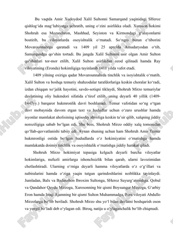 shga jiddiy harakat qiladi. shohruh mirzo hokimiyat tepasiga kelgach deyarli barcha viloyatlar hokimlariga, nufuzli amirlarga ishonchsizlik bilan qarab, ularni lavozimidan chetlashtiradi. ularning o‘rniga deyarli hamma viloyatlarda o‘z o‘g‘illari va nabiralarini hamda o‘ziga yaqin tutgan qarindoshlarini noiblikka tayinlaydi. jumladan, balx va badaxshon ibroxim sultonga, sheroz suyurg‘atmishga. qobul va qandahor qaydu mirzoga, xurosonning bir qismi boysunqur mirzoga, g‘arbiy eron hamda iroqi ajamning bir qismi sulton muhammadga, fors viloyati abdullo mirzolarga bo‘lib beriladi. shohruh mirzo shu yo‘l bilan davlatni boshqarish oson va yengil bo‘ladi deb o‘ylagan edi. biroq, natija u o‘ylaganchalik bo‘lib chiqmadi. ta’kidlash lozimki, shohruh mirzo davrida ham mamlakat ichki hayotida bir muncha osoyishtalik hukm surib, savdo-sotiq, iqtisodiyot ravnaqi, fan va madaniyat, ma’naviyatga e’tibor susaymagan bo‘lsa-da, davlatchilikning temur davridagi imkoniyatlari va buyukligiga putur yetgandi. xususan, shohruhning nabirasi sulton muhammad eron noibi etib tayinlangach markazga bo‘ysunishdan bo‘yin tovlaydi. shohruh isyonkor nevarasiga qarshi qo‘shin tortishga majbur bo‘ladi. 1410 yilda movarounnahrdagi shayx nuriddin g‘alayoni ham …