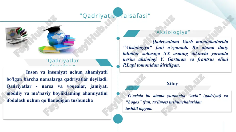 adriyatlar – bu o‘z ahamiyatiga ko‘ra eng yuksak darajada turuvchi, odamlarning fundamental munosabatlari va ehtiyojlarini aks ettiruvchi qadriyatlardir. kundalik hayot va ehtiyojlar bilan bog‘liq bo‘lgan qadriyatlar. insonning moddiy va ma’naviy ehtiyojlarini qondirish, jamiyatning normal faoliyat ko‘rsatishi va rivojlanishini ta’minlash uchun zarur bo‘lgan qadriyatlardir. 01 02 03 04 jamiyat va inson hayotida qadriyatlarning roli. oliy qadriyatlarning mavjudligi doimo individning shaxsiy hayoti chegarasidan chetga chiqish bilan bog‘liq. ular individni uning o‘zidan yuksak bo‘lgan, uning hayotini belgilaydigan, uning taqdiri uzviy bog‘liq bo‘lgan narsalar bilan oshno etadi. inson hayoti uchun zarur bo‘lgan fundamental qadriyatlar (tabiiy boyliklar, moddiy yashash sharoitlari – turar joy, oziq-ovqat mahsulotlari, sog‘liqni saqlash va sh.k.) va insonning ijtimoiy mohiyatiga, uning ma’naviy tabiatiga bog‘liq bo‘lgan oliy qadriyatlar yotadi. ikkinchi guruhga esa ma’naviy qadriyatlar kiradi. qadriyatlarning birinchi guruhi insondan tashqarida yotuvchi maqsad bilan belgilanadi, ikkinchi guruh ichki asosga ega birinchi guruhga moddiy (utilitar) qadriyatlar 01 02 03 04 qadriyatlar ierarxiyasi. inson ma’naviyati uchta: …