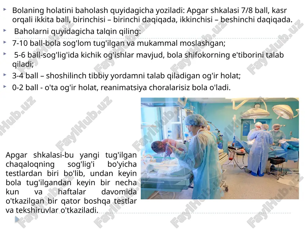zimining tug'ma nuqsonlari, intrakranial qon ketish bilan bog'liq o'pka nafas olish qiyinlishuvidir. asfiksiya holatida tug'ilgan bolalar quyidagilarni talab qiladi yangi tug'ilgan chaqaloqning engil va o'rtacha darajadagi asfiksiyasi bilan nazofarenks, og'iz bo'shlig'i va oshqozon tarkibidagi aspiratsiya amalga oshiriladi; o'pkalarni niqob bilan yordamchi shamollatish; kindik venasiga og'irligi bo'yicha 20% glyukoza va kokarboksilaza eritmasini kiritish. agar yangi tug'ilgan chaqaloqning o'rtacha darajadagi asfiksiyasi bilan, tadbirlardan keyin o'z-o'zidan nafas olish tiklanmasa, traxeya intubatsiyasi amalga oshiriladi, nafas olish yo'llaridan tarkib aspiratsiya qilinadi va apparat ventilyatori o'rnatiladi. bundan tashqari, natriy bikarbonat eritmasi tomir ichiga yuboriladi. yangi tug'ilgan chaqaloqlarning og'ir asfiksiyasi, shuningdek, bradikardiya yoki asistol bilan ventilyatsiyani talab qiladi – yurakning tashqi massaji, glyukoza, kokarboksilaza, prednizolon (gidrokortizon), adrenalin, kaltsiy glyukonat kiritilishi. asfiksiya bilan erta tug'ilgan chaqaloqlarni reanimatsiya qilish to'liq tug'ilgan chaqaloqlarda reanimatsiya sxemasidan biroz farq qiladi. kelajakda asfiksiyani boshdan kechirgan yangi tug'ilgan chaqaloqlar intensiv kuzatuv va terapiyani talab qiladi: kislorodni qo'llab-quvvatlash, kranioserebral gipotermiya, eritmalar, vitaminlar infuzioni, simptomatik davolash.\ …