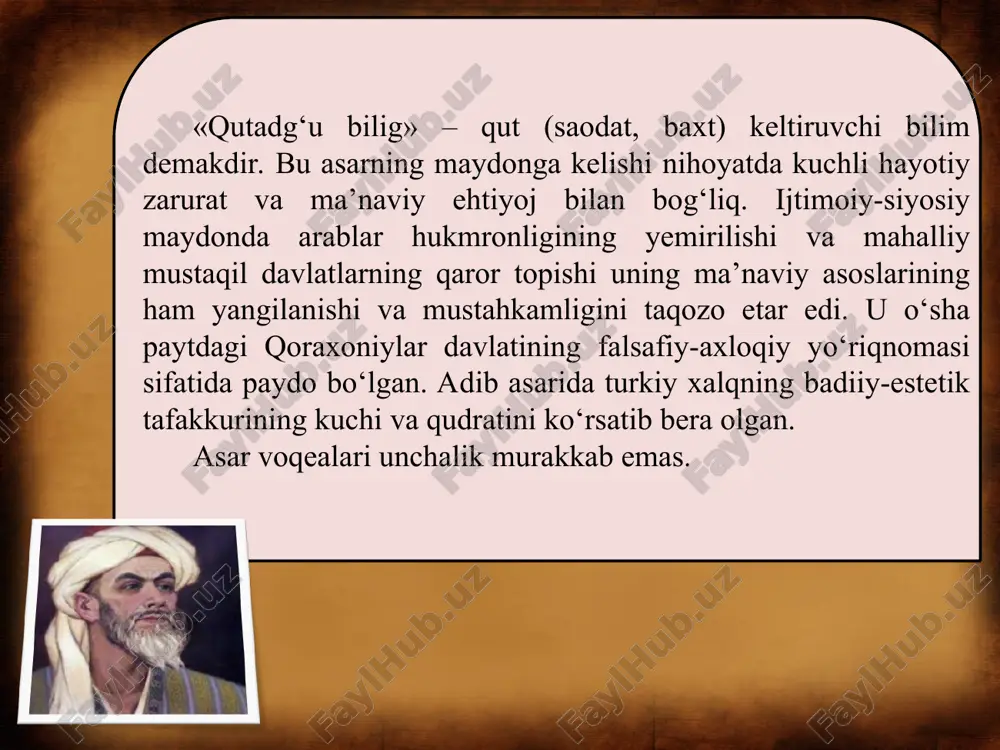 shida shu ma’noga uyg‘unlik bor. u behuda ishlar bilan band bo‘lish, har xil mayda-chuyda orzu-havaslarga ovunib umrini behuda o‘tkazib yuborishdan ogohlantiradi. mudrab borayotgan tuyg‘ularni sergaklantiradi. dunyoda faqat davlat yoki aql bilan bitirib bo‘lmaydigan ishlar ham borligidan, inson ko‘nglida nozik tuyg‘ular mavjlanib turishidan xabar beradi, shu tuyg‘ularga bep arvo bo‘lmaslikka undaydi, umrni behuda o‘tkazmaslik uchun hushyorlikka chaqiradi. o‘zg‘urmish – mushohadali, qat’iy fikrli inson. u eligning shah arga kelish haqidagi taklifini rad etadi. garchi bu taklif uch marta takrorlansa-d a, o‘z fikrini o‘zgartirmay- di. faqat o‘g‘dulmishning oqilona tushuntirishlaridan so‘ng, ziyorat maqsadidagina elig huzuriga boradi. o‘zg‘urmish nazarida: juda aziz, axir tiriklik kuni, bekor ishga sarflab bo‘lmagay uni. o‘zg‘urmish – taqvodor kishi. u din va diyonatni hamma narsadan ustun ko‘radi. uning uchun yaxshi kiyim, tansiq taom, har xil o‘yin-kulgilar ketidan borish umrni shamolga berish bilan barobardir. uning fikricha, inson o‘z qalbini boyitishi, vujudini har xil illatlardan forig‘ qilishi kerak. buning yo‘li esa ma’rifatdir. fikrining …