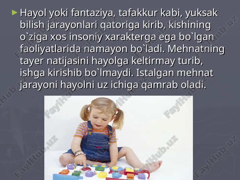 mli narsalar haqida shirin xayollarga berilish hammaga xos. passiv xayol ixtiyorsiz ravishda ham yuzaga kelishi mumkin. xayolning bu turi asosan ong faoliyatining, ikkinchi signallar tizimining susayishida, odamning vaqtinchalik harakatsizlik holatida, uyqisirash holatida, affekt holatida, uyqida (tush ko’rish), ongning kasallikka uchrab buzilishida (gallyutsinatsiyada) va shu kabilarda sodir bo’ladi. passiv xayolning aksi bo’lgan aktiv xayol ijodiy va qayta tiklovchi xayol turlariga bo’linadi. ma’lum bir asosga, yozuvlarga, chizmalarga asoslanib ularga muvofiq keladigan obrazlar tizimini yaratuvchi xayol qayta tiklovchi xayol deyiladi. ijodiy xayol qayta tiklovchi xayoldan farq qilgan holda, orginal va qimmatli moddiy mahsulotlarda amalga oshiriladigan yangi obrazlarni yaratish. xayol (fantaziya) obrazlari qanday yaratiladi? xayol jarayonlari ham idrok, xotira, tafakkur kabi analitik va sintetik xarakterga ega. analiz idrok va xotiradek ob’ektning ayrim umumiy belgilarini ajratish va saqlash hamda muhim bo’lmagan belgilardan chetlashish imkoniyatini beradi. analiz va sintez xayol jarayonida boshqacha o’ringa va yo’nalishga ega. chunki xayol jarayonida yangi, avval bo’lmagan obrazlar, tasavvurlar yaratiladi. agglyutinasiya. …