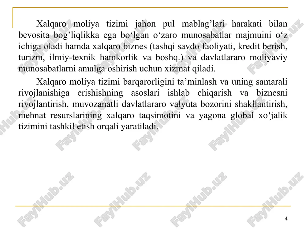 ning yuzaga kelishi va kuchayishi; xalqaro bozorning valyuta bozori bilan birlashishi. 11 xalqaro moliya tizimini isloh qilish yoʻnalishlari xalqaro moliya tizimini isloh qilishning asosiy sabablari qatorida quyidagilarni ajratib koʻrsatish mumkin: xalqaro tashkilotlarning rivojlanayotgan mamlakatlarga moliyaviy yordam berish imkoniyati xususiy kapital oqimining hajmiga nisbatan cheklanganligi; xalqaro tashkilotlarning inqirozlarni oldini olish, ularga qarshi kurashish, takrorlanishiga yoʻl qoʻymaslik va ularning tarqalish sohalarini cheklashga qodir emasligi; moliyaviy va valyuta inqirozlarining takrorlanish va ta’sir etish koʻlamining kengayishi; moliyaviy bozorlardagi, ayniqsa, qarz majburiyatlari bozoridagi operatsiyalar hajmining oʻsishi hamda xalqaro moliya bozorining yuqori darajada rivojlanishi oʻrtasida keskin farqlanish hamda uni tartibga solish uchun tegishli institutsional tuzilmaning yoʻqligi. 12 xalqaro moliya tizimini isloh qilish jarayoni tuzilmaviy muammolarni bartaraf etish, ayniqsa, moliya tizimining barqarorligini ta’minlash masalasini hal qilish bilan birga amalga oshiriladi. ushbu bosqichda moliya tizimini mustahkamlash jarayonida quyidagi chora-tadbirlar namoyon bo’ladi: iqtisodiy ma’lumotlarning ommaviy ravishda oshkor etilishi uchun xalqaro standartlarni takomillashtirish; xvfning moliyaviy imkoniyatlarini kengaytirish; xvfning yangi kreditlash …
