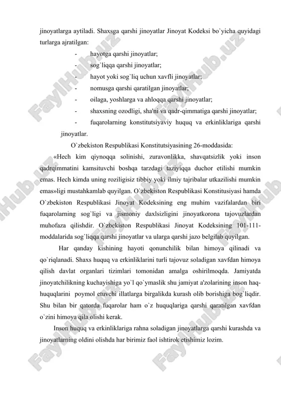 g inson haq-huquqlarini poymol etuvchi illatlarga birgalikda kurash olib borishiga bog`liqdir. shu bilan bir qatorda fuqarolar ham o`z huquqlariga qarshi qaratilgan xavfdan o`zini himoya qila olishi kerak. inson huquq va erkinliklariga rahna soladigan jinoyatlarga qarshi kurashda va jinoyatlarning oldini olishda har birimiz faol ishtirok etishimiz lozim. sud orqali himoyalanish huquqi har bir fuqaro uzining buzilgan huquqlarini sud orqali himoya qilish huquqiga ega. fuqarolarning bu huquqini ta'minlash uchun davlat sud hokimiyati tizimini tashkil etadi. o`zbekiston respublikasi fuqarolari uz huquqlarini har tomonlama tajovuzlardan himoya qilish uchun sudga murojaat qilish huquqini amalga oshirishning barcha huquqiy shart-sharoitlari yaratilgan. fuqarolarni sud tomonidan himoyalanish huquqining mazmuni o`zbekiston respublikasi «fuqarolarning huquq va erkinliklarini buzadigan xatti-harakatlar va qarorlar ustidan sudga shikoyat qilish tug`risida»gi 1995 yil 30 avgust qonunida bayon etilgan. ushbu qonun o`zbekiston respublikasi fuqarolarinigina emas, balki chet el fuqarolari va fuqaroligi bulmagan shaxslarning ham o`zbekiston respublikasi sud organlariga murojaat qilish huquqini kafolatlaydi. ushbu mavzu matnlaridan shunday xulosalar …