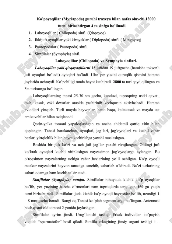 ngi oq.tanasi ko’plab segmentlarga bo’lingan. antennasi bosh qismi old tomoni 2 yonida joylashgan. simfilalar ayrim jinsli. urug’lanishi tashqi. erkak individlar ko’payish vaqtida “spermatofor” hosil qiladi. simfila erkagining jinsiy organi teshigi 4 – segment ostki tomonidan tashqariga ochilgan. simfilalarning jinsiy xulq atvori o’ziga xos bo’lib, erkaklari ko’payish vaqtida 150 – 450 tagacha spermatofor hosil qilib oyoqlariga yopishtirib olib yuradi. urg’ochi simfilalar erkaki qoygan spermatoforni yeydi va uni og’iz bo’shlig’ga ochilgan 2 ta urug’ qabul qiluvchi maxsus organlariga joylab qoyadi. keyinchalik urg’ochi simfilalar etilgan tuxumlarini (8–12 tagacha) lishaynik yoki moxlarga ilashtirib qoyadi va bu tuxumlarga o’giz bo’shligidagi spermatoforni surtib urug’lantiradi. simfilalar partenognez yo’li bilan ham ko’payadi. tuxumdan yosh 6 – 7 ta segmentli simfilalar chiqadi. har po’st tashlagan yangi segment va juft oyoqlar hosil bo’ladi. simfilalar 4 yilgacha yashaydi va doimo po’st tashlab turadi. ikki juftoyoqlilar (diplopoda), pauropoda sinflari va filogeniyasi. ikki juft oyoqlilar (diplopoda) sinfi.mazkur jonivorlarning har bir tana bo‘g‘imida ikki …
